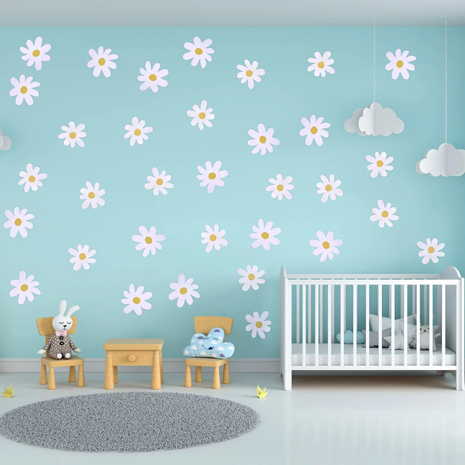 Bremorou 36 adesivi da parete per cameretta dei bambini, margherite, autoadesivi, decorazione da parete, bianchi, vinile, decorazione floreale, rustico, impermeabile