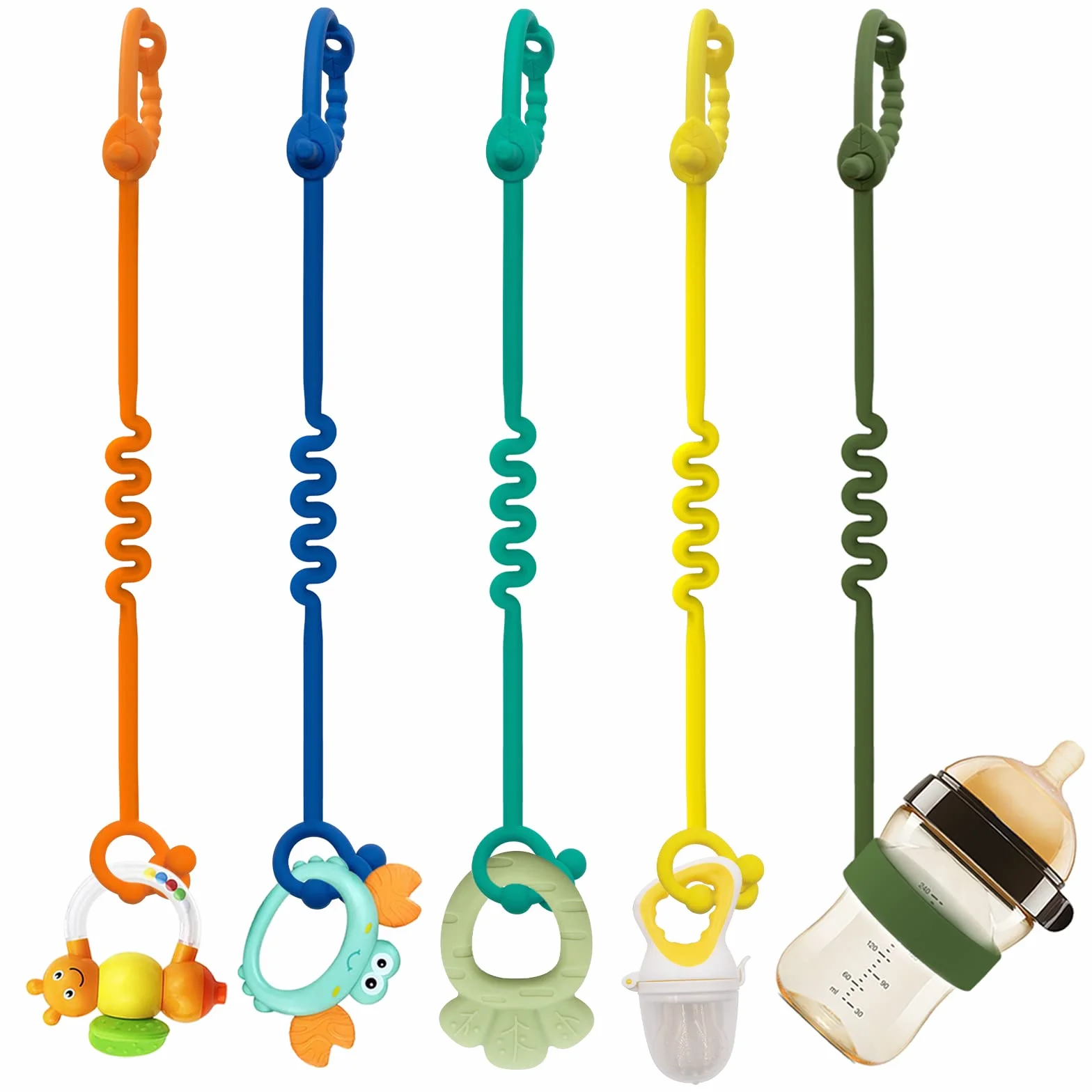 Cinghie per giocattoli per bambini – Confezione da 5 regolabili catenella ciuccio e cordino ciuccio per passeggini, seggioloni, culle, silicone alimentare, senza BPA, multicolore