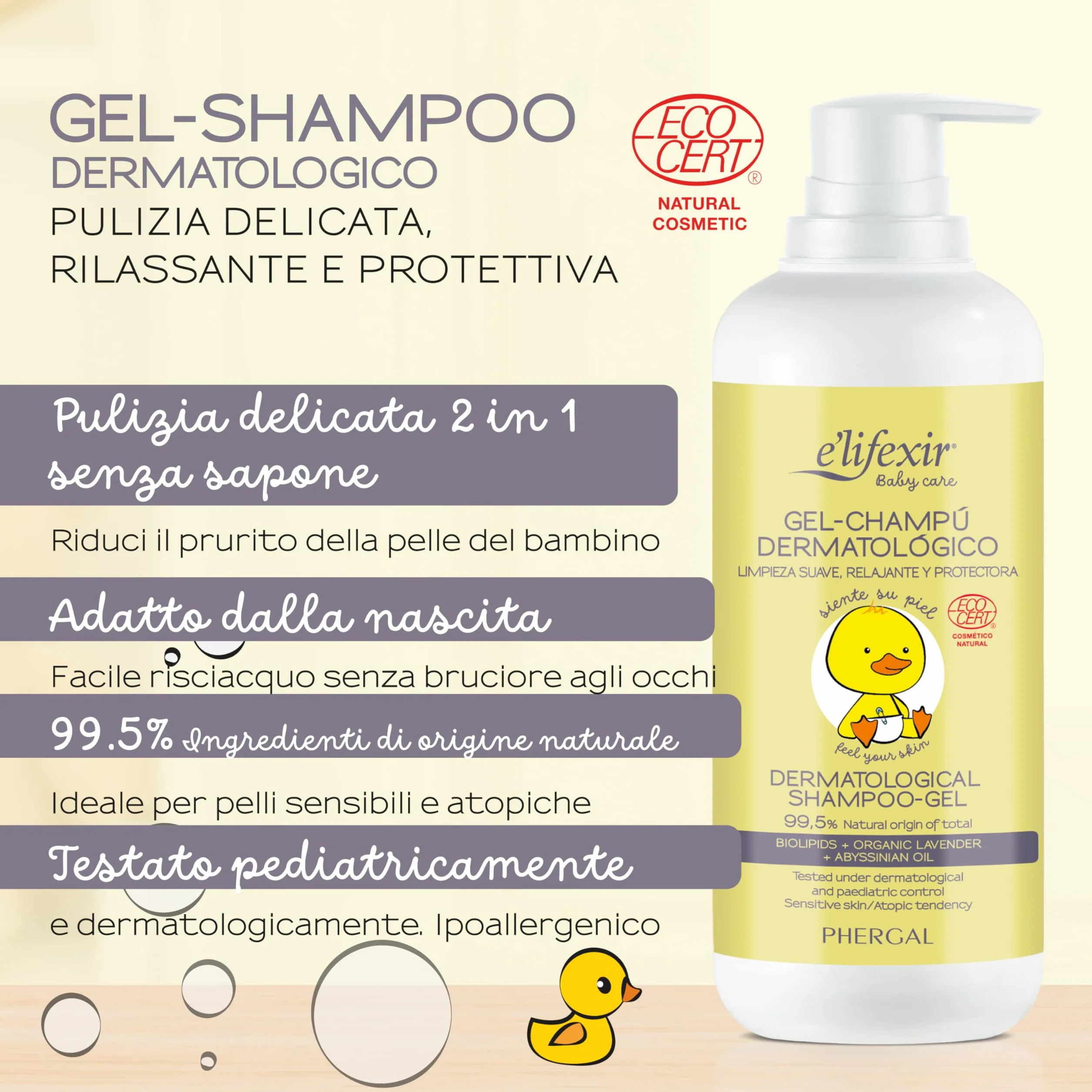 Elifexir Baby Care | Shampoo Gel Dermatologico Ipoallergenico per Neonati | 99,5% Ingredienti di Origine Naturale | 500 ml