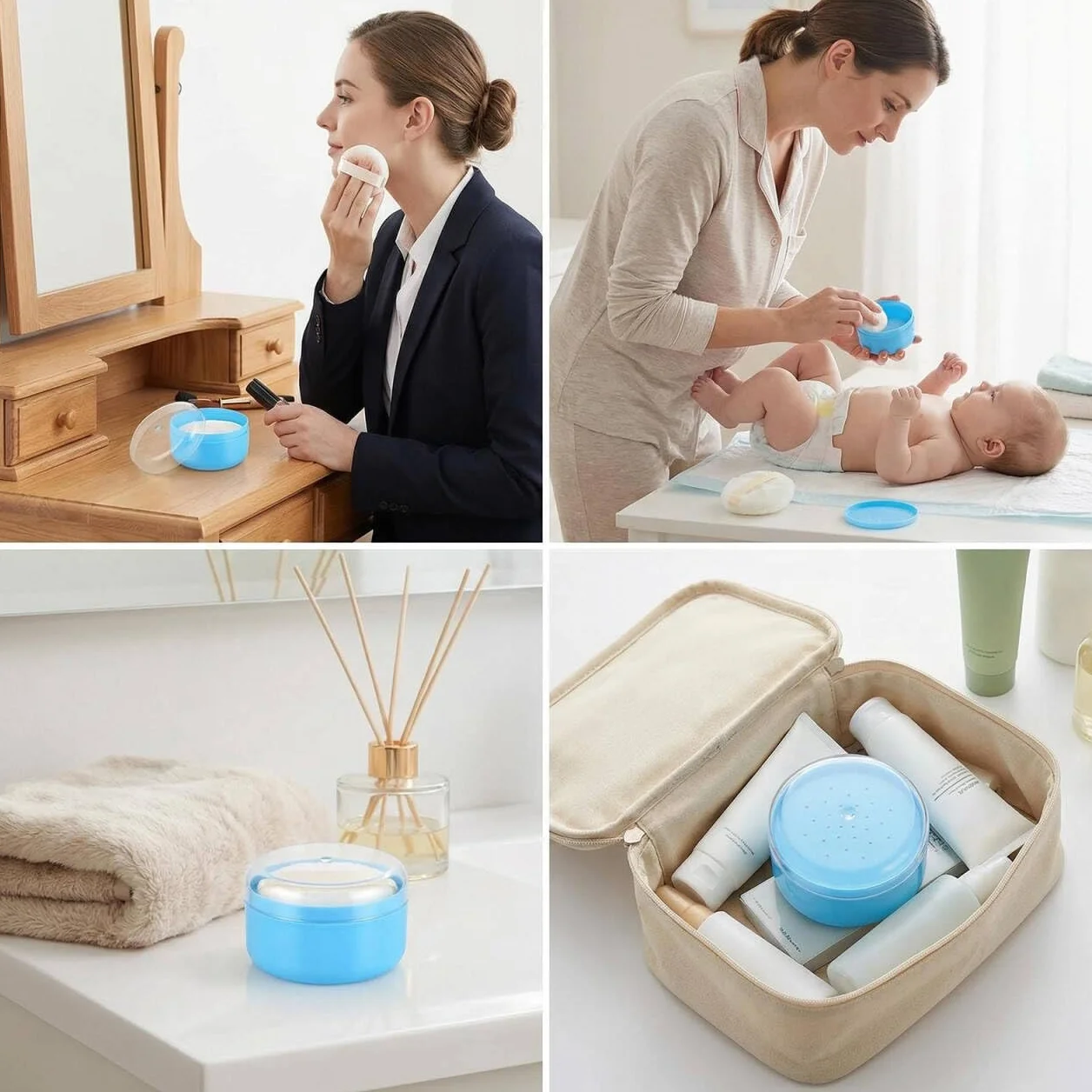 Contenitore in polvere di talco, con setaccio e soffi di polvere, colore blu, per uso domestico e da viaggio