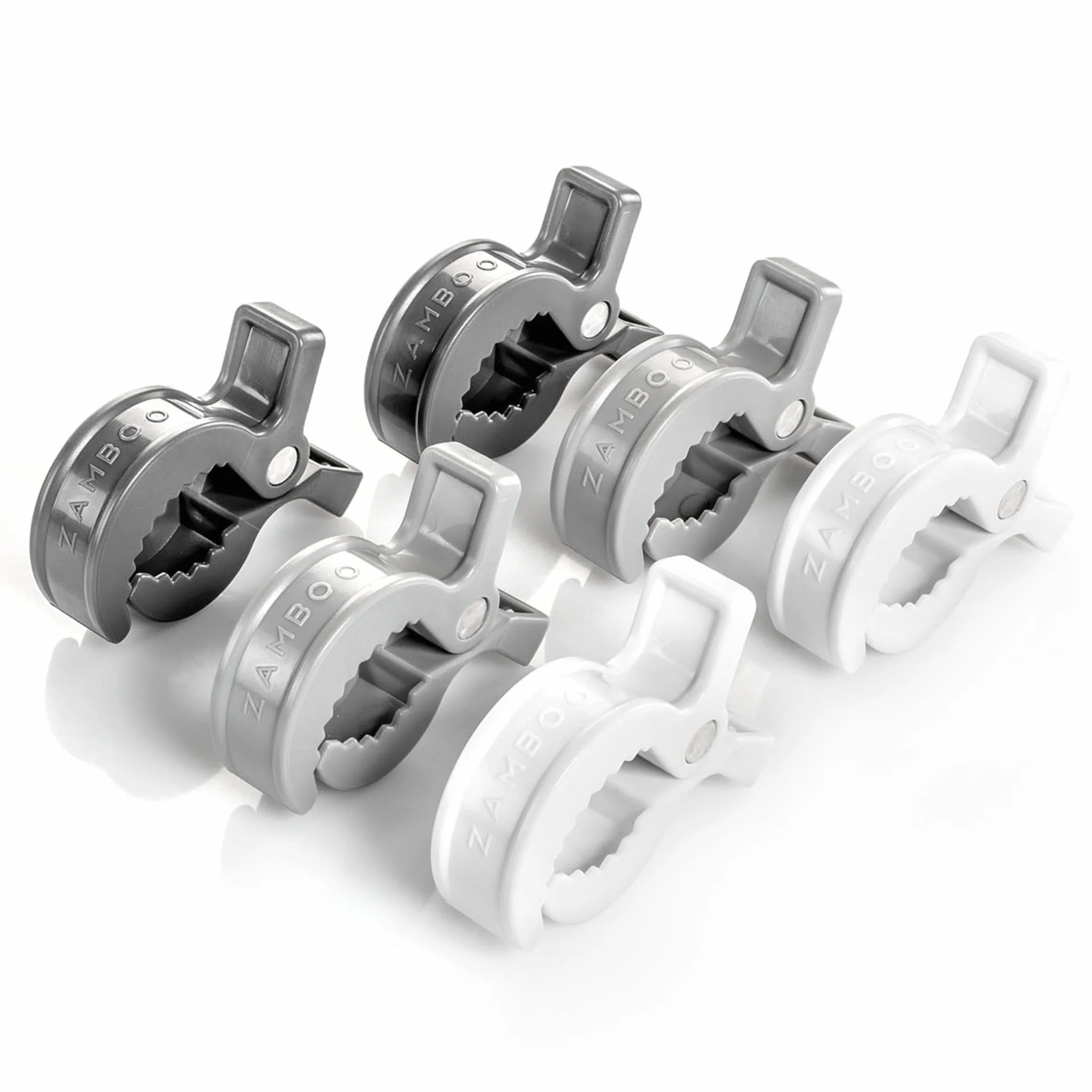 Zamboo Set di Mollette Passeggino - Pacco da 6 Ganci Passeggino Universali per il Fissaggio Facile e Veloce di Accessori Passeggino - Bianco Grigio