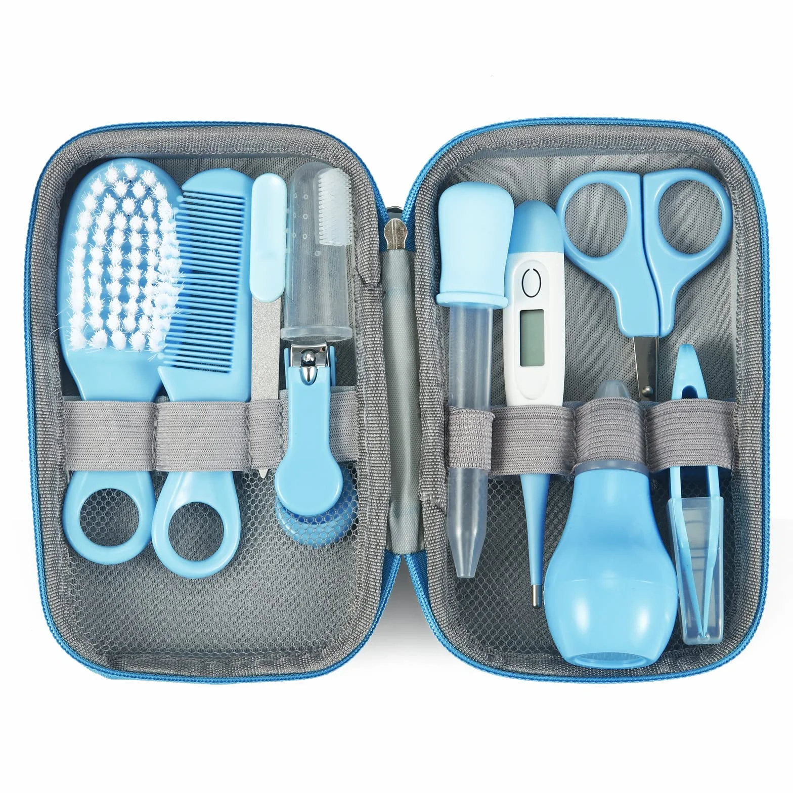 PandaEar Set Per La Salute E La Cura Del Bambino, Set Di Sicurezza Per Bambini Con Pettine, Spazzola, Spazzolino Da Denti Per Le Dita, Set Di Prodotti Essenziali Per La Cura Del Neonato -Blu