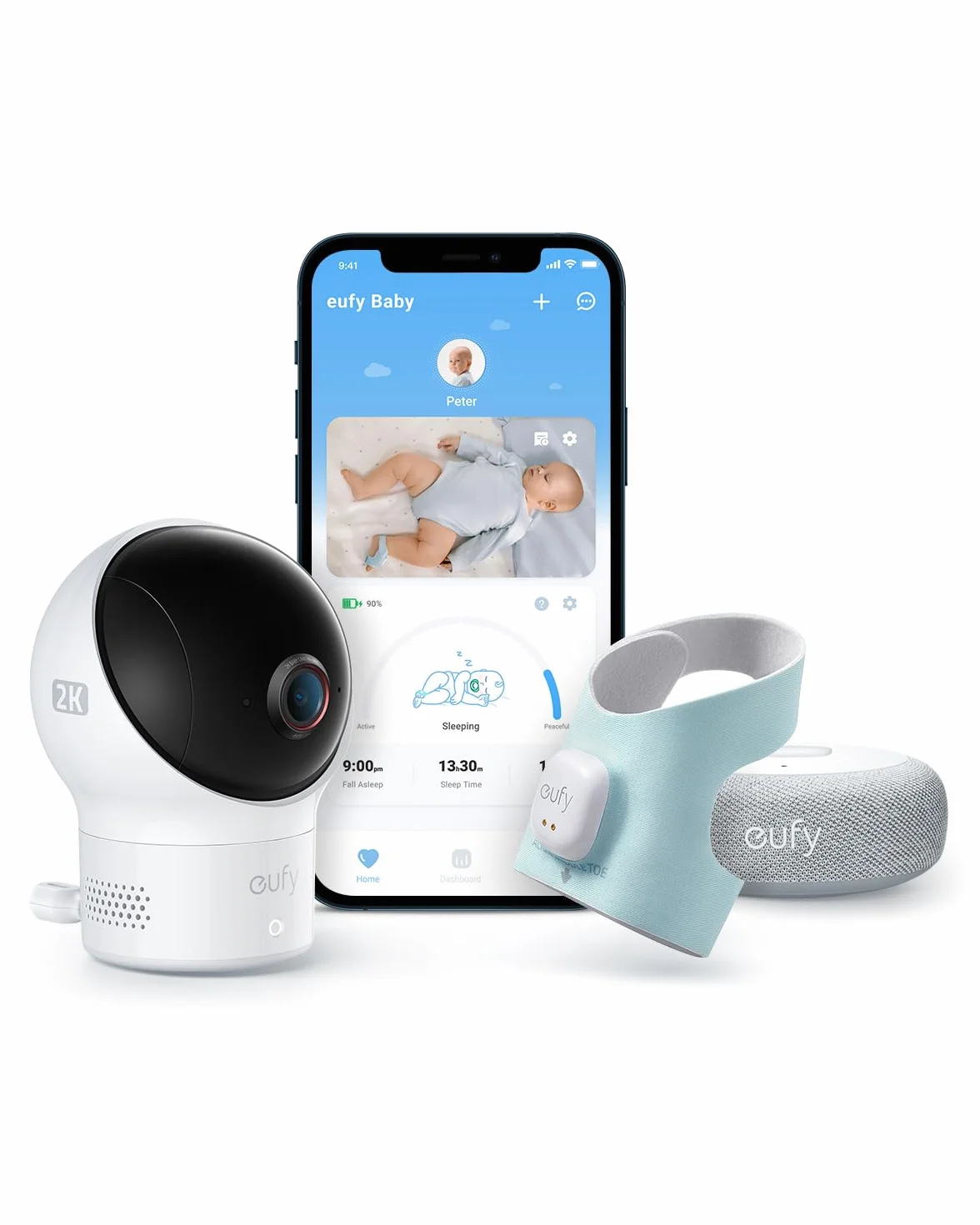 Calzini Intelligente eufy Baby S340, baby monitor Wi-Fi 2,4 GHz, monitoraggio del sonno, ritmo cardiaco, ossigeno nel sangue, telecamera 2K, rilevamento IA del Pianto, Panorama e Inclinazione, senza