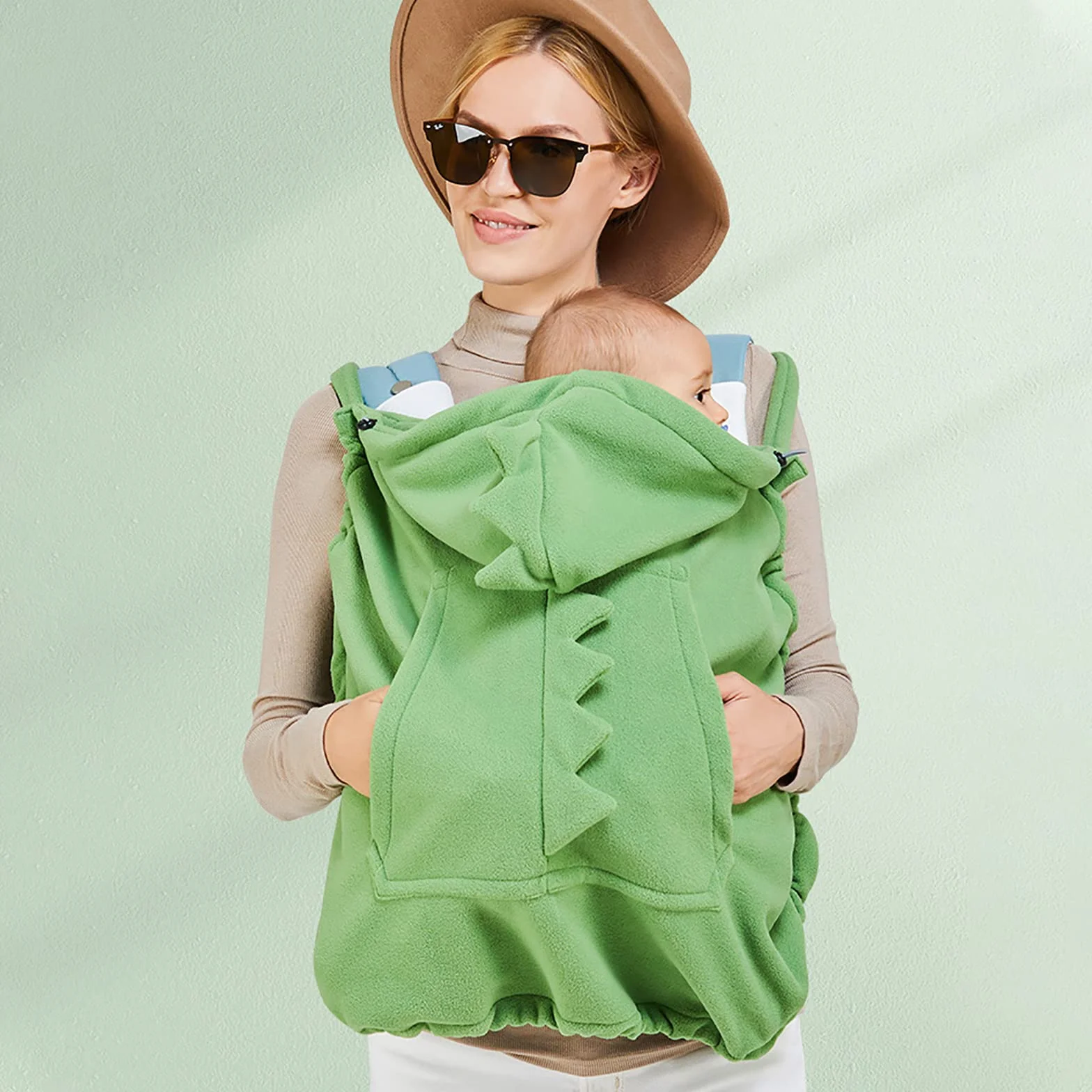 SONARIN Copertina per Marsupio Caldo,Universale Copri Marsupio Cover Invernale per Fascia Portabebè Incappucciato Copertura Mantello A Prova di Vento con Tasca Frontale(Verde)