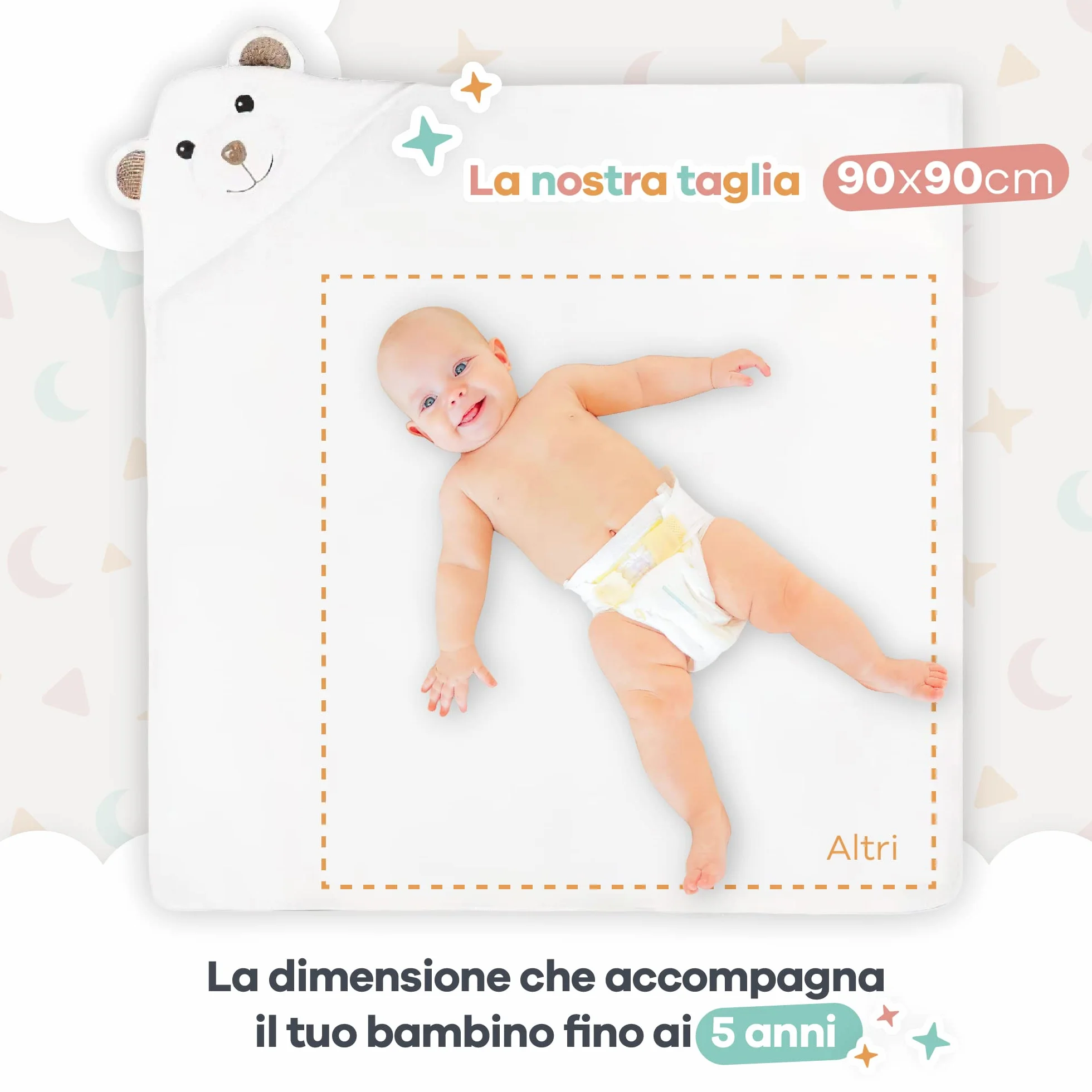 Accappatoio Neonato 6-12 mesi fino a 5 anni 90 x 90 cm, Asciugamano Neonato Bagnetto 100% Cotone Naturale, Soffice e Delicato per la Pelle- Accappatoio bambino a forma di orsetto (Orsetto)