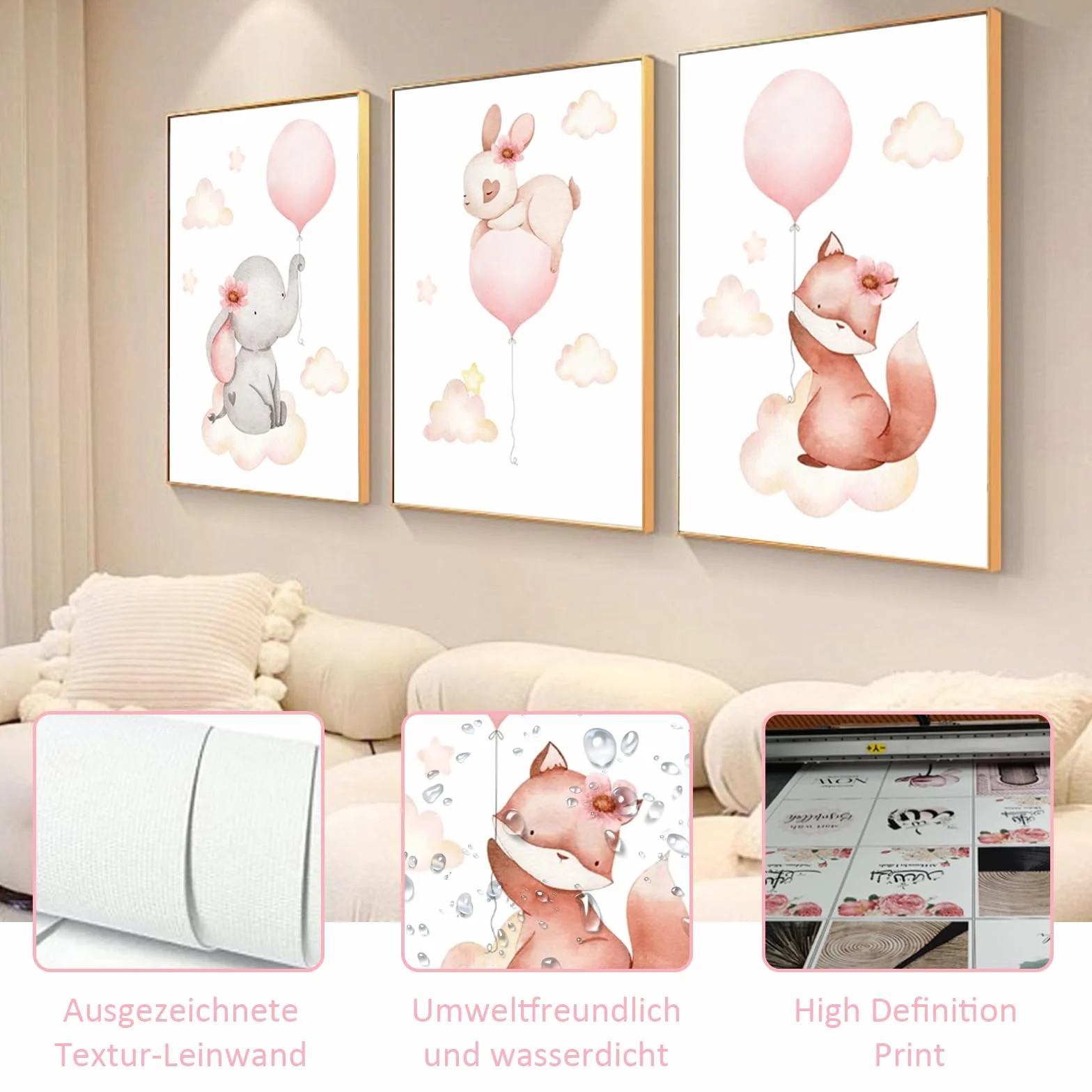 Zamety 3 Pezzi Quadri Cameretta Bambina, Animale Quadri Cameretta Bambino, A4 Quadro Camera da Letto Bambini, Immagini per Quadretti da Parete Neonato, Senza Cornici, 21 x 30 cm