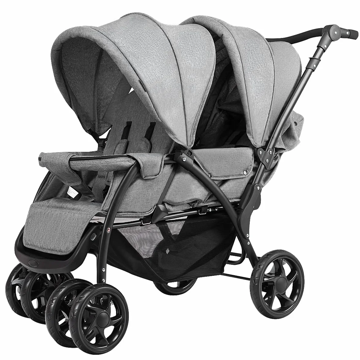 GYMAX Passeggino Gemellare Doppio/Fratelli di Età Diverse, Pieghevole Leggero, Tendalino/Schienale Regolabili, Portata di 15kg+15kg (Grigio, Verticale)