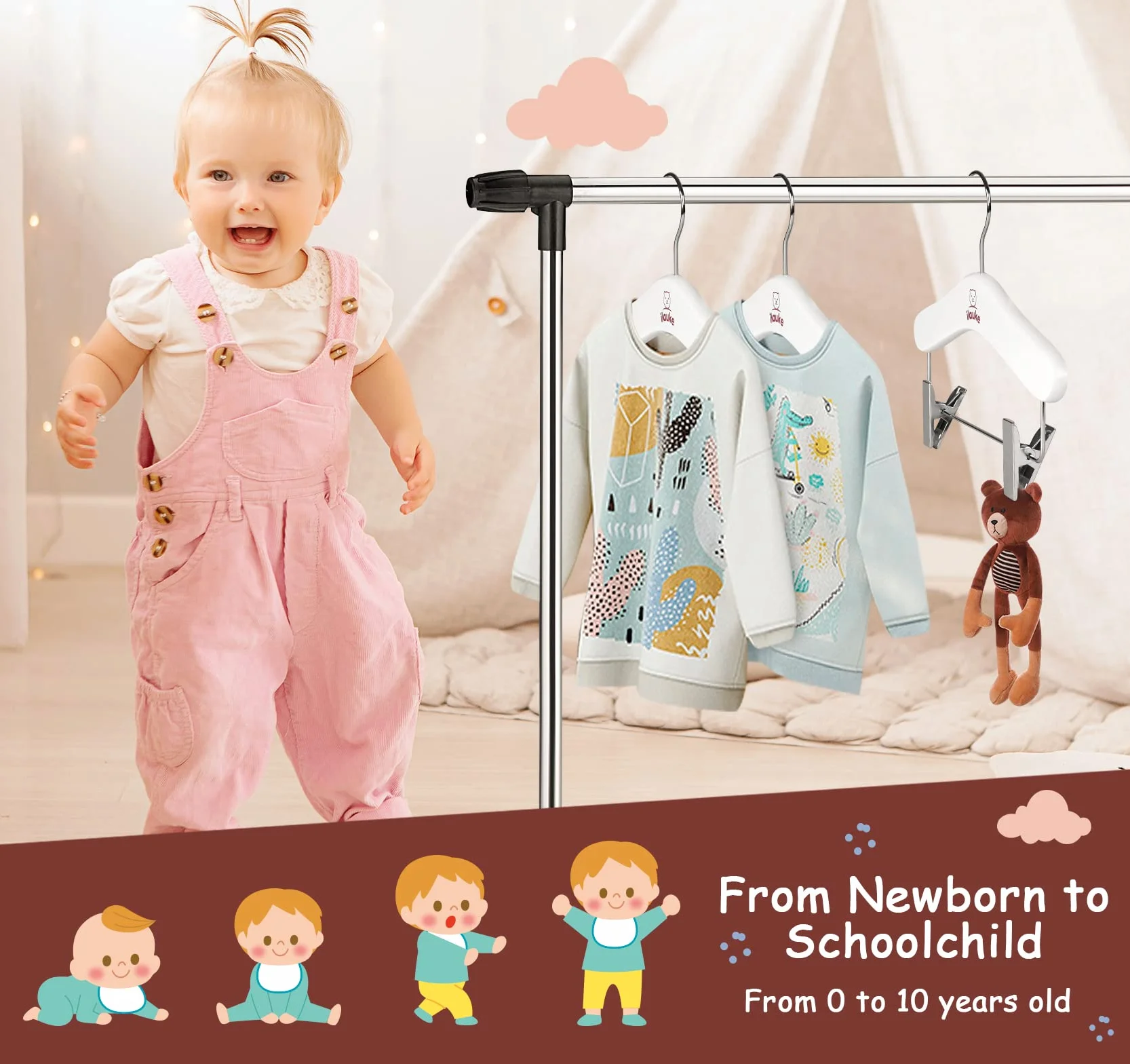 Grucce bianche per bambini, set di 12 grucce in legno scorrevoli, classiche e solide con rotazione a 360°, ideali per vestiti per neonati o bambini, lunghezza 25 cm