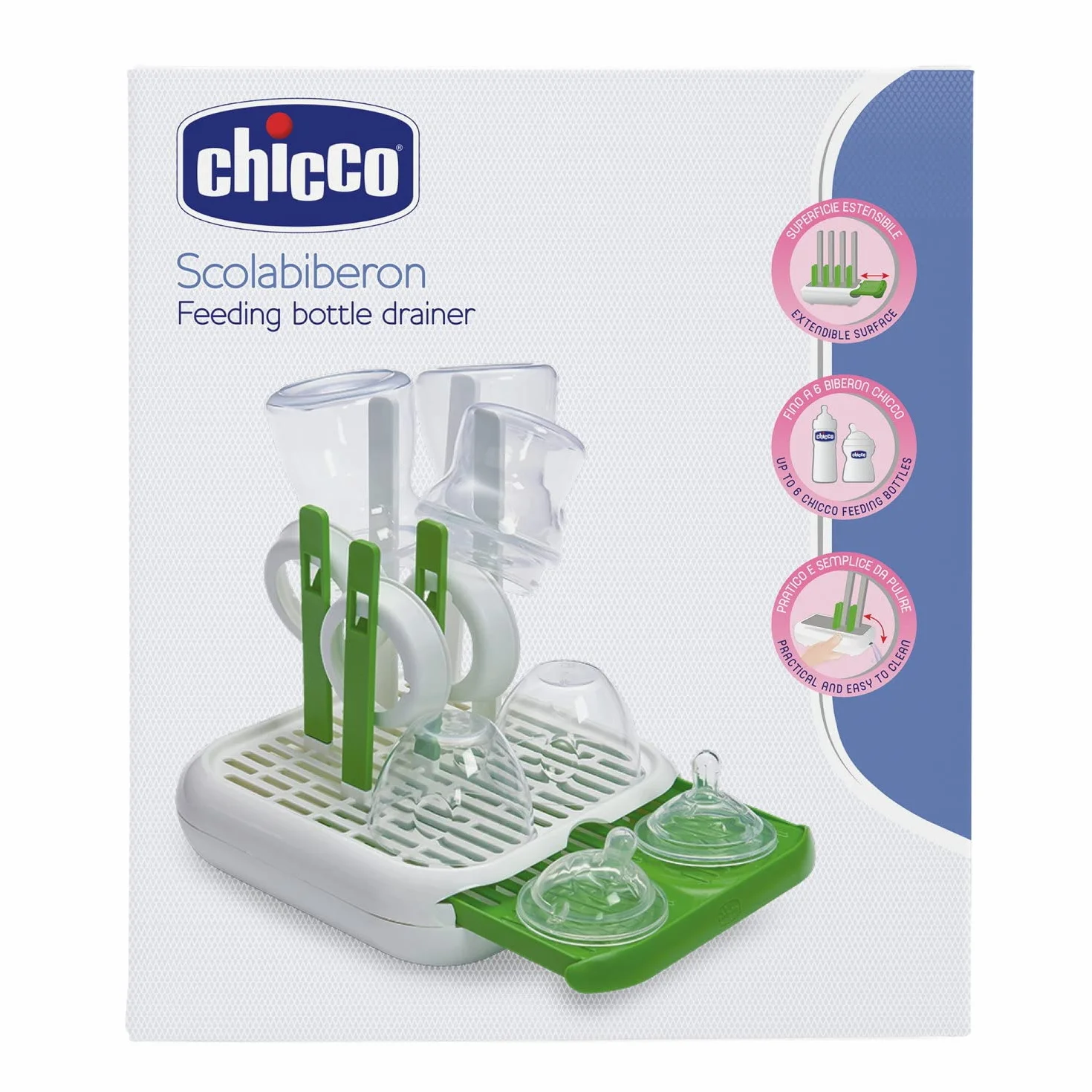 Chicco Scolabiberon, Asciugabiberon Neonato, Igiene e Pulizia Biberon, Accessori pappa neonato, Salvaspazio, Design Compatto, Comodo, colore verde