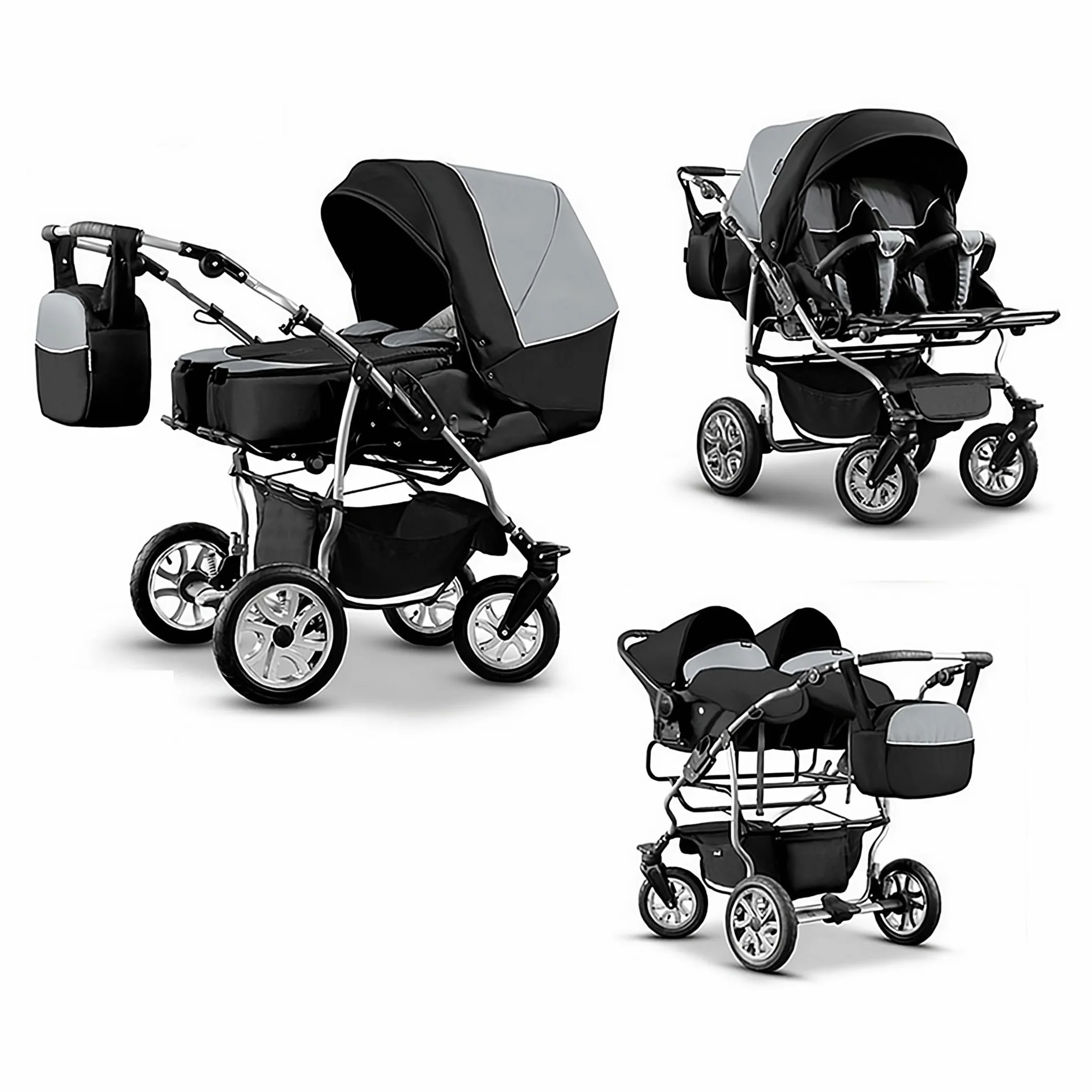 Passeggino gemellare 3 in 1. Passeggino e accessori in 3 pezzi: 2 navicelle + 2 passeggini + 2 ovetti + accessori. BBtwin DUET TRIO graphite