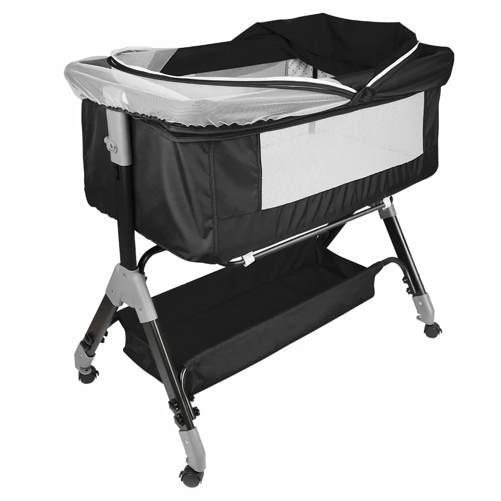 HUOLE 3 in 1 Culla Neonato Fianco Letto, Lettino Neonato Dondolo con Materasso, Culla Co-Sleeping Fino a 25 kg, Altezza Regolabili, Inclinazione di 20°-104 * 52 * 100-110 cm-nero