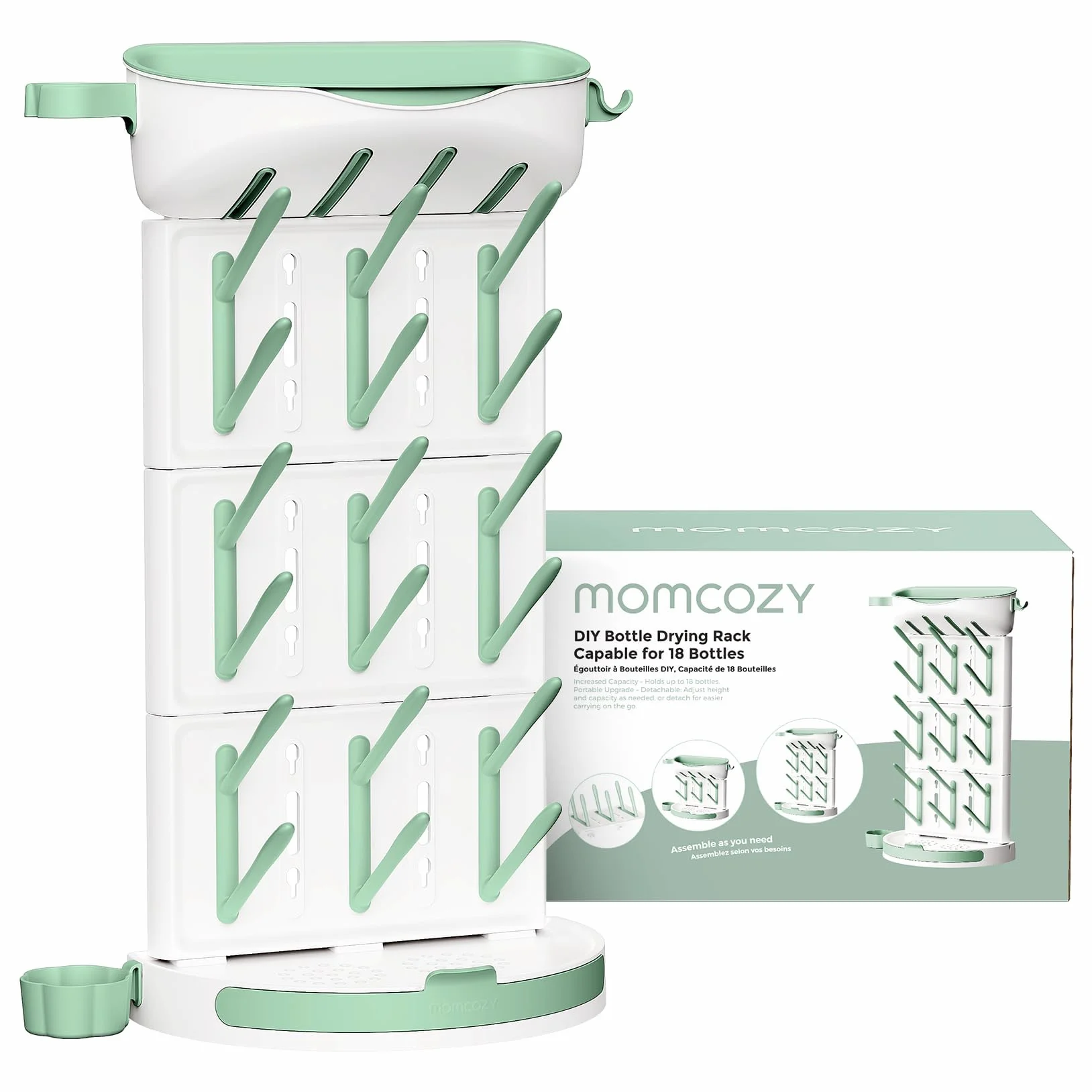 Momcozy Stendibiancheria verticale per biberon, grande capacità, 18 unità, design modulare compatto con portaspazzole integrato, asciugabottiglie per tettarelle, tiralatte e accessori