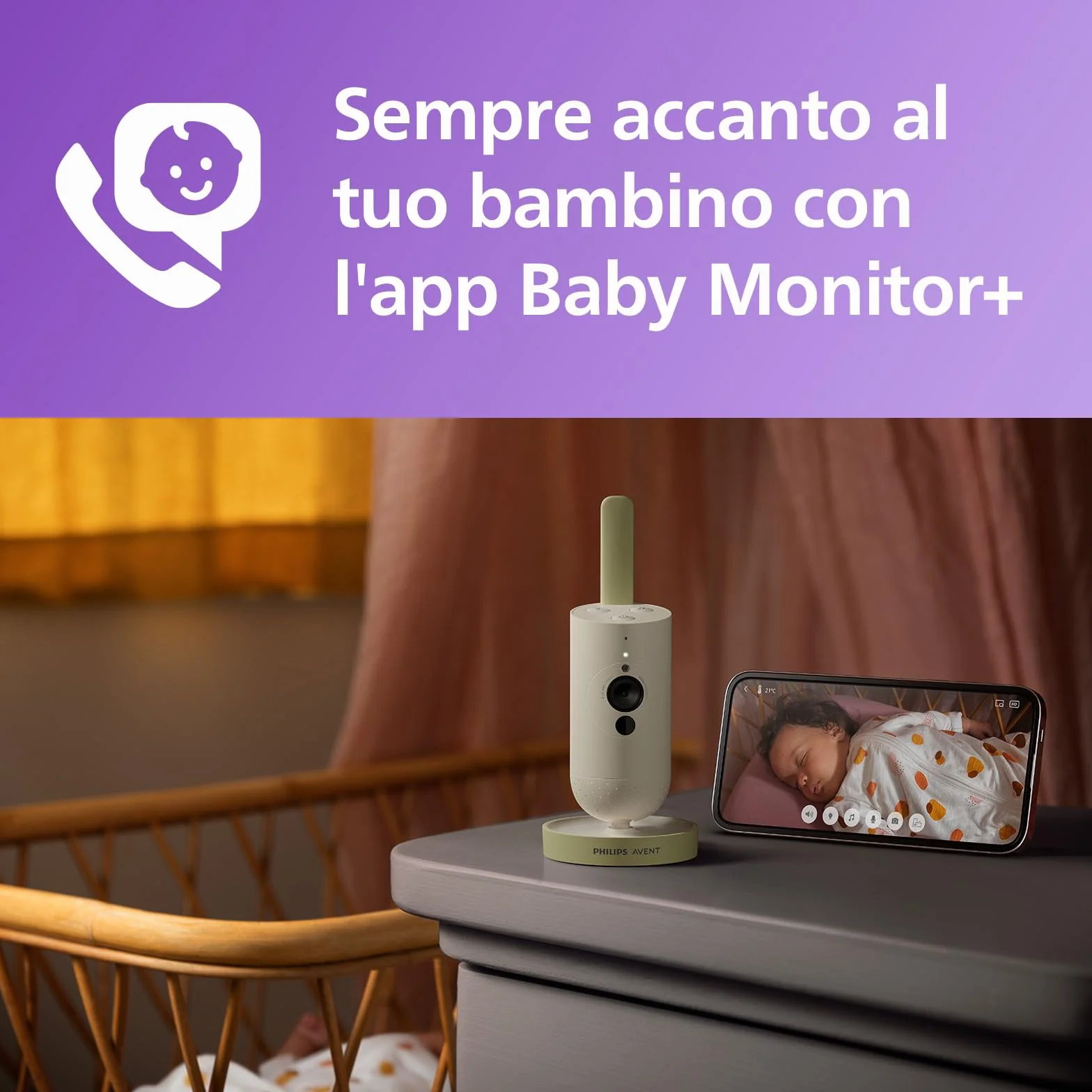 Philips Avent Connected Baby Camera, crittografia sicura e riservata, con app, audio, zoom x2, visione notturna, VOX, funzione di comunicazione a due vie (modello SCD643/26)