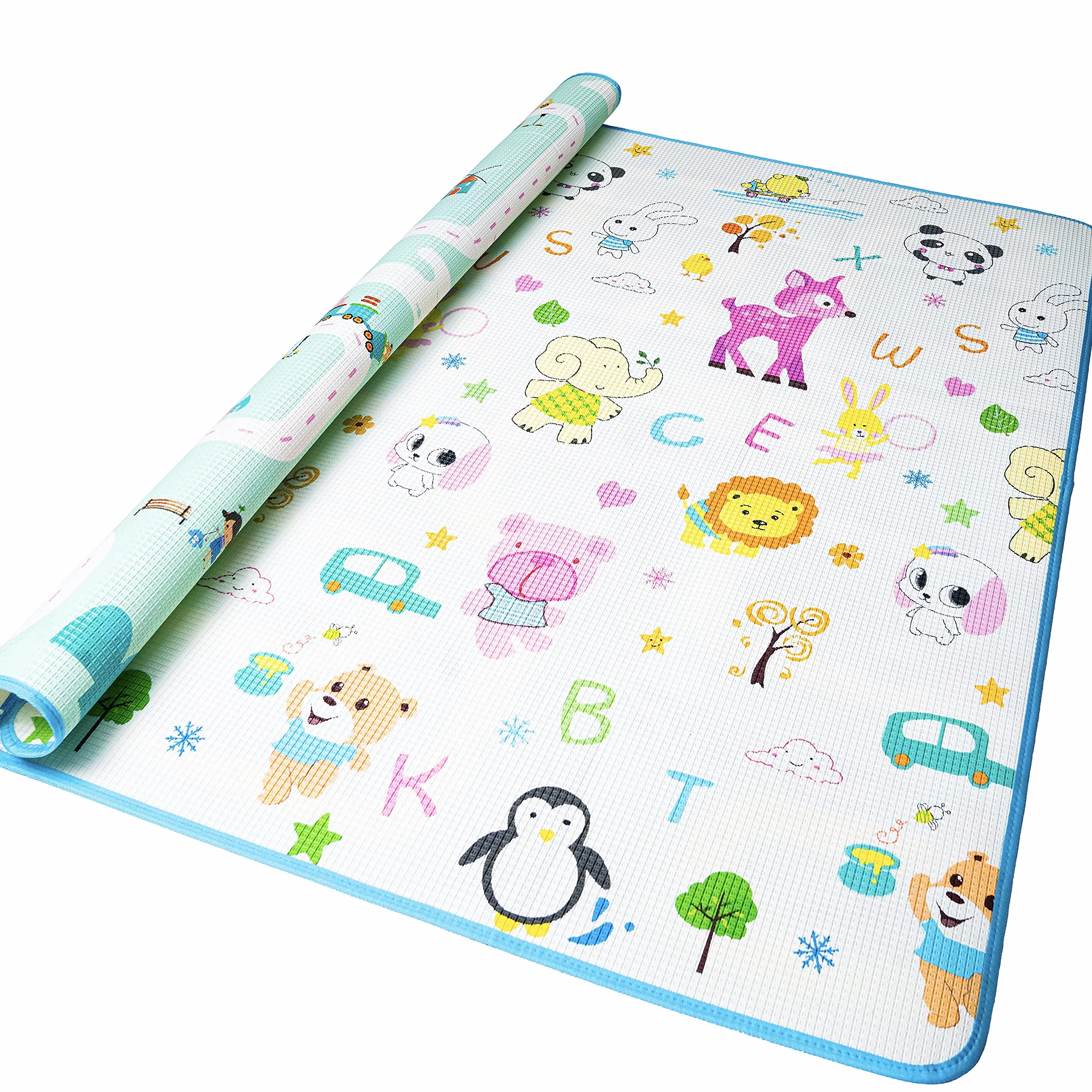 Tappeto Neonato Gattonamento Ripiegabile (con borsetta) Gioco e Divertimento Bambini con tanti Colori - Certificato CE (Bianco/Turchese)