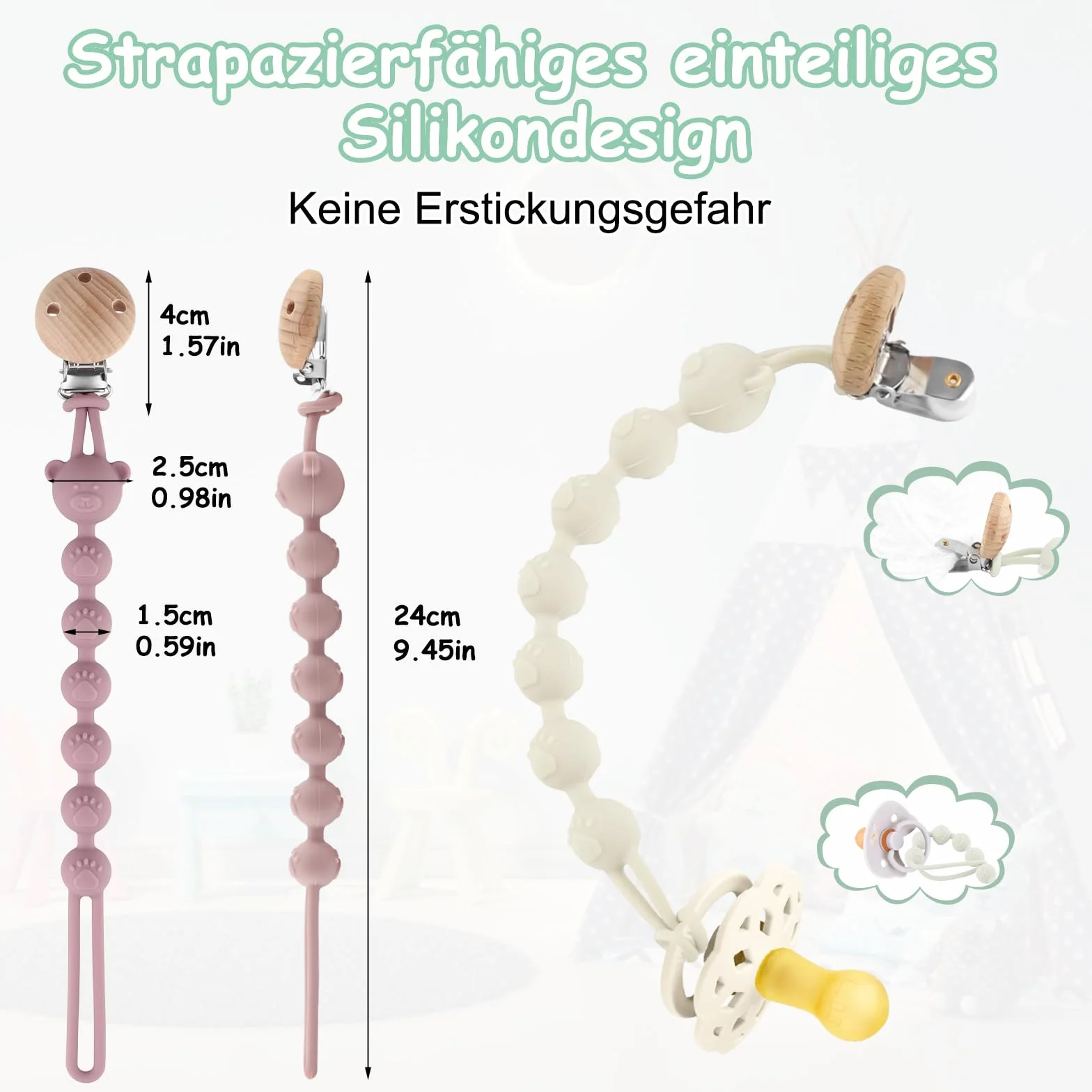 Set di 4 Clip per Ciuccio in Silicone, Clip per Ciuccio in Silicone, Attacco per Ciuccio Bebè, senza BPA, Catena per Allattamento Multifunzionale per Bambini e Bambine (Arancione + Viola +
