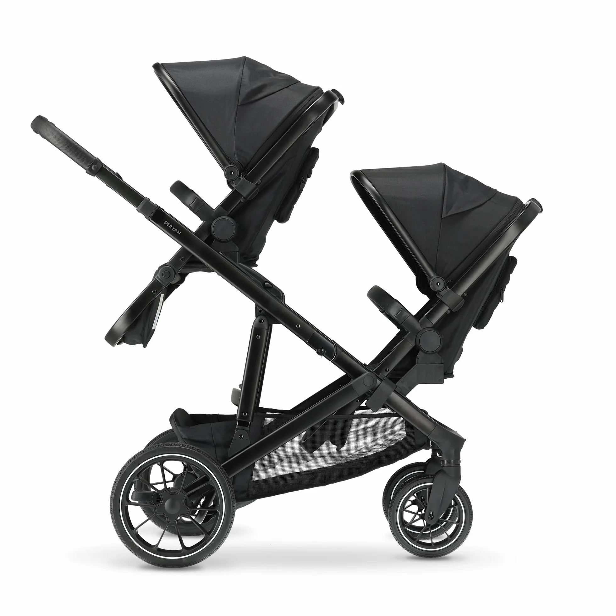 Deryan Evy V2 Passeggino per 2 bambini, Duo Tandem, 0-4 anni, doppio Duett, per neonati e bambini in età prescolare, carrozzine fino a 50 kg, passeggino, passeggino da viaggio 2 in 1, Nero con zecca