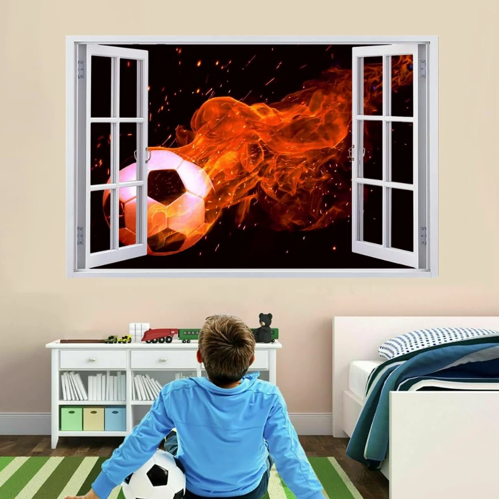 Adesivi Murali Decalcomanie Murali, Calcio Wall Tattoo 3D Fracassato, Fuoco Per La Casa Soffitto Da Parete Decorare Le Decorazioni Della Camera Da Letto Dei Bambini 120x80cm