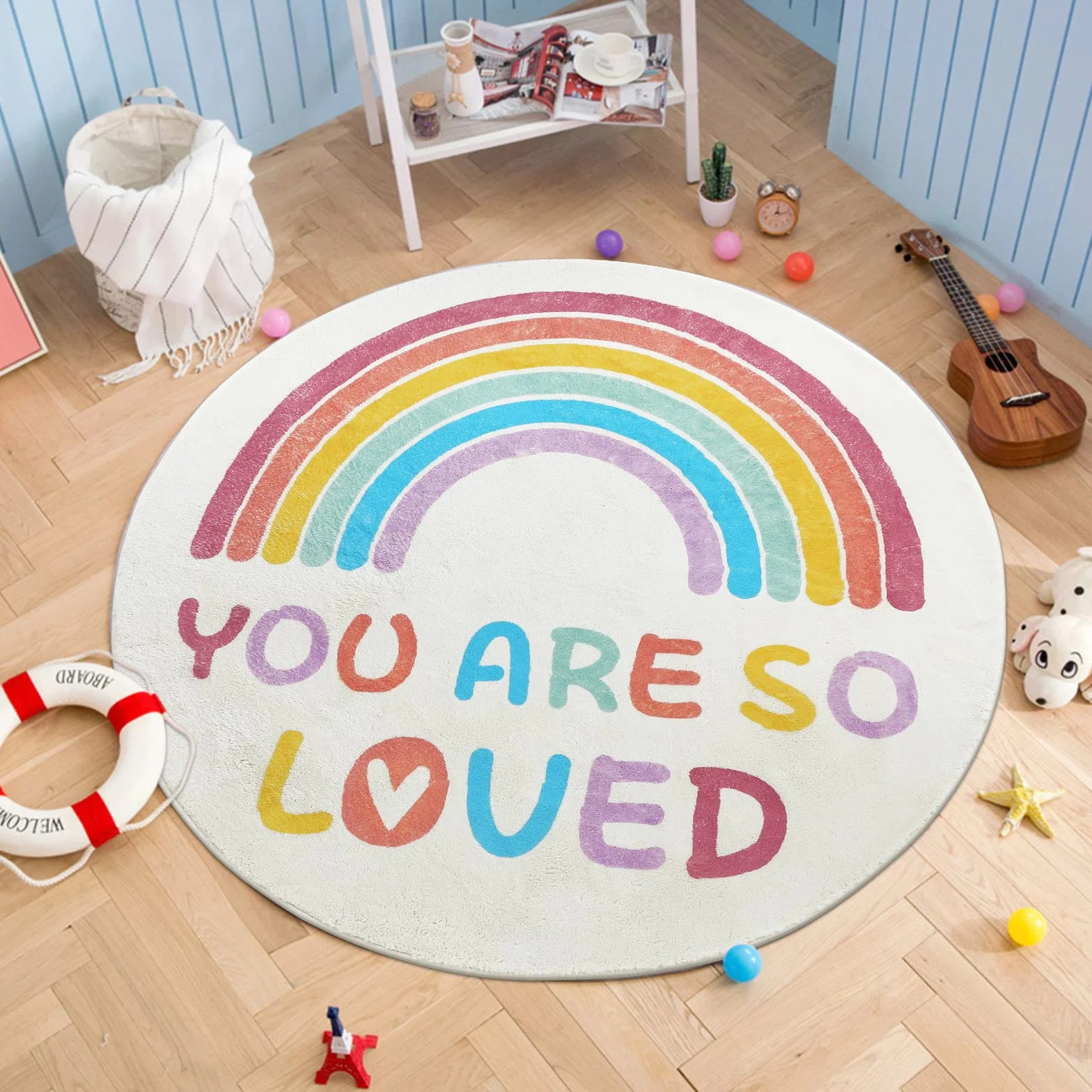 Enyhom Tappeto rotondo da 120 cm, motivo arcobaleno, per cameretta dei bambini, morbido, antiscivolo, lavabile in lavatrice, per gattonare