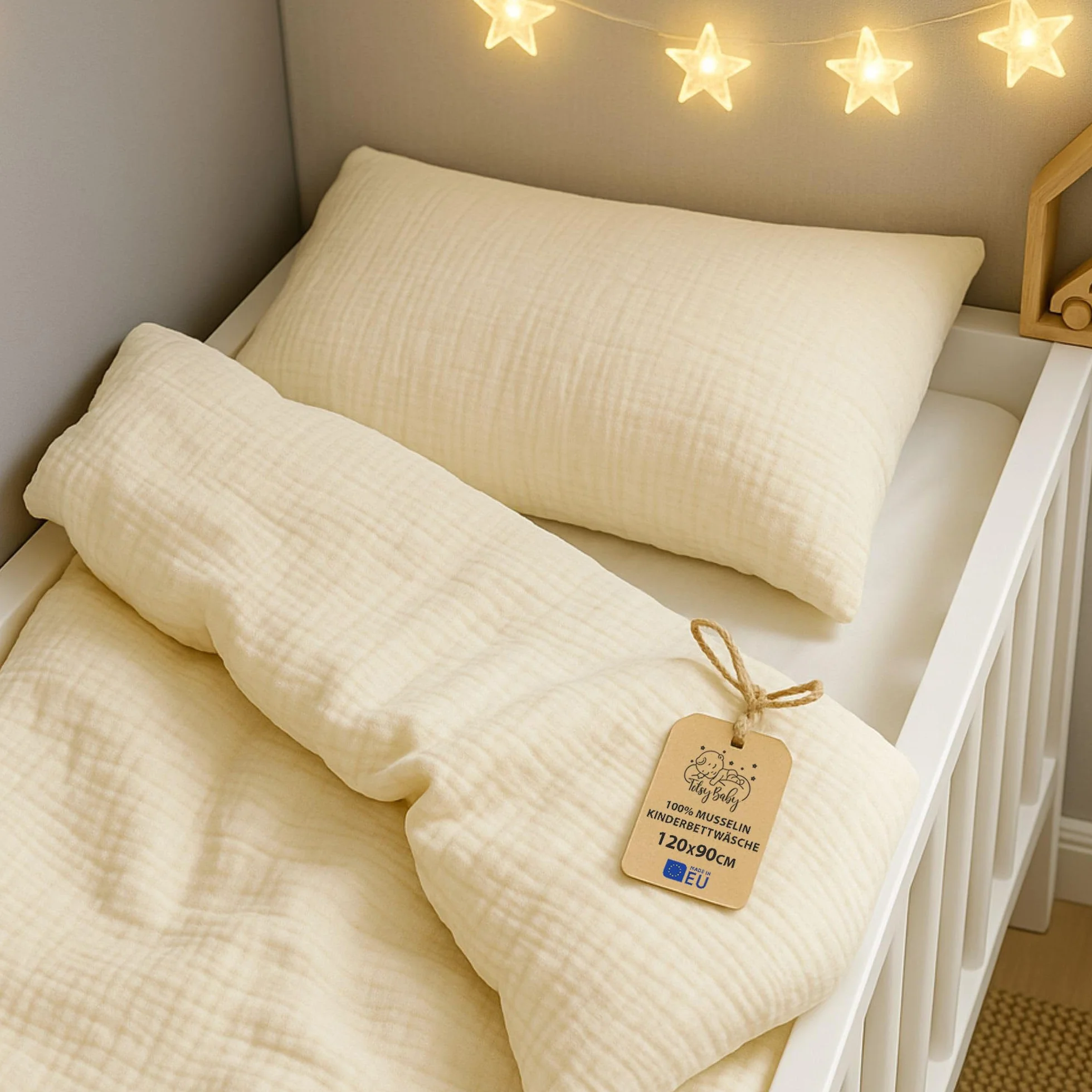 Totsy Baby mussola Copripiumino lettino neonato 100x135cm - Cotone parure di copripiumini per culla Set lenzuolo per piumino Beige chiaro con federe 60 x 40 cm certificazione Oeko-Tex