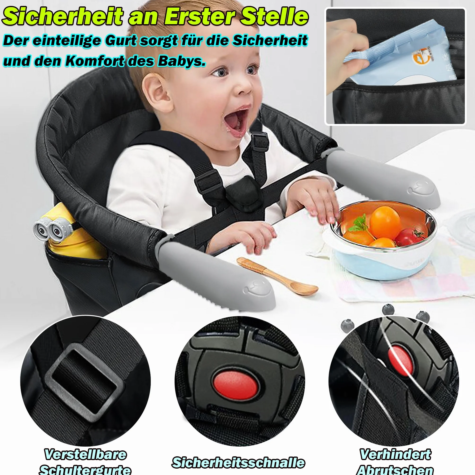 Froadp Seggiolino da tavolo pieghevole per bambini, con custodia e linguette di fissaggio sicure, per bambini, seggiolone, con aste di fissaggio regolabili, per casa, viaggi, colore nero