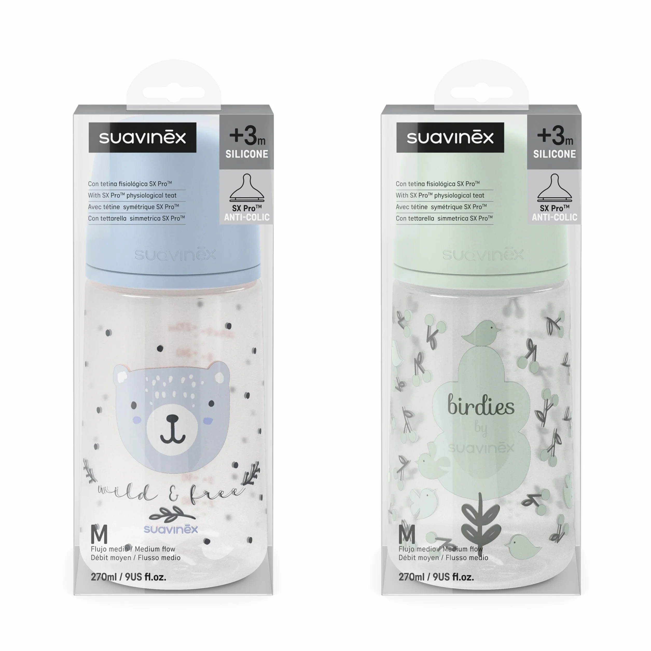 Suavinex, Confezione 2 Biberon da 270 ml, Tettarella Simmetrica SX Pro in Silicone con Valvola Anticolica, Flusso Medio, Liquido Densità Media, Latte, Succhi, Acqua. ​+3 Mesi.Birdies, Wild&Free, Blu