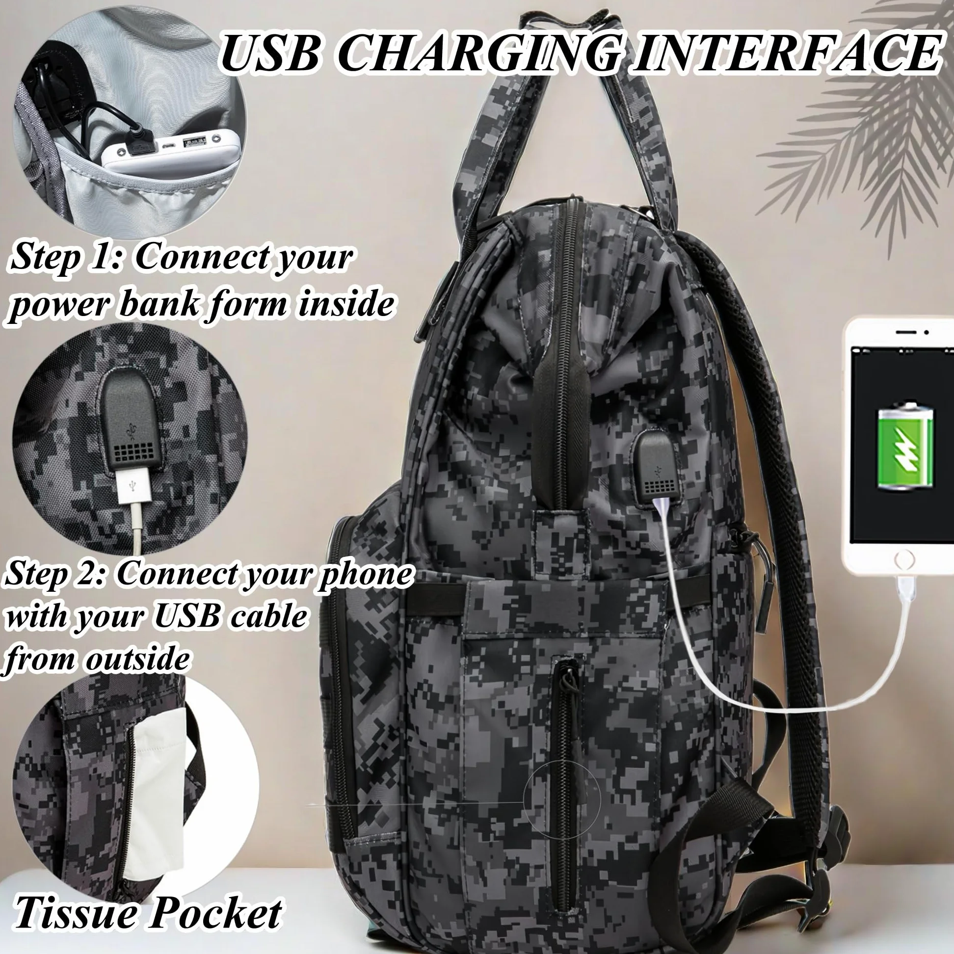 Zaino per pannolini con porta di ricarica USB e tasca isolata, zaino tattico militare da viaggio per papà e mamma (adesivo mimetico nero), nero mimetico, Large, Borse per pannolini