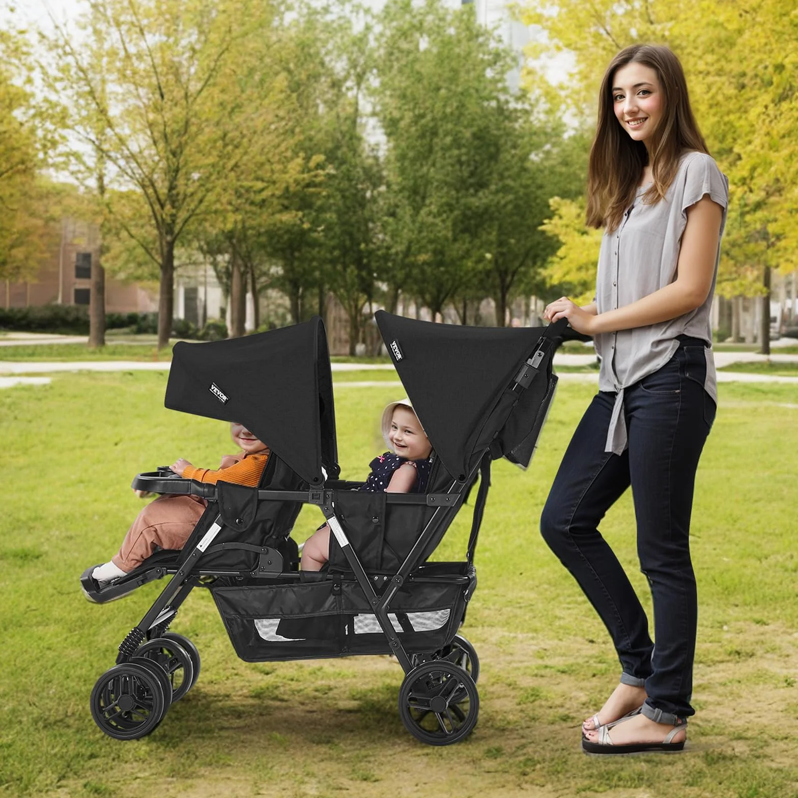 VEVOR Passeggino Doppio, Schienale/Poggiapiedi Regolabili, Passeggino Gemellare Pieghevole con Doppio Sedile, Cintura di Sicurezza Avvolgente, Cestino Portaoggetti, per Neonati, Bambini Piccoli (Nero)