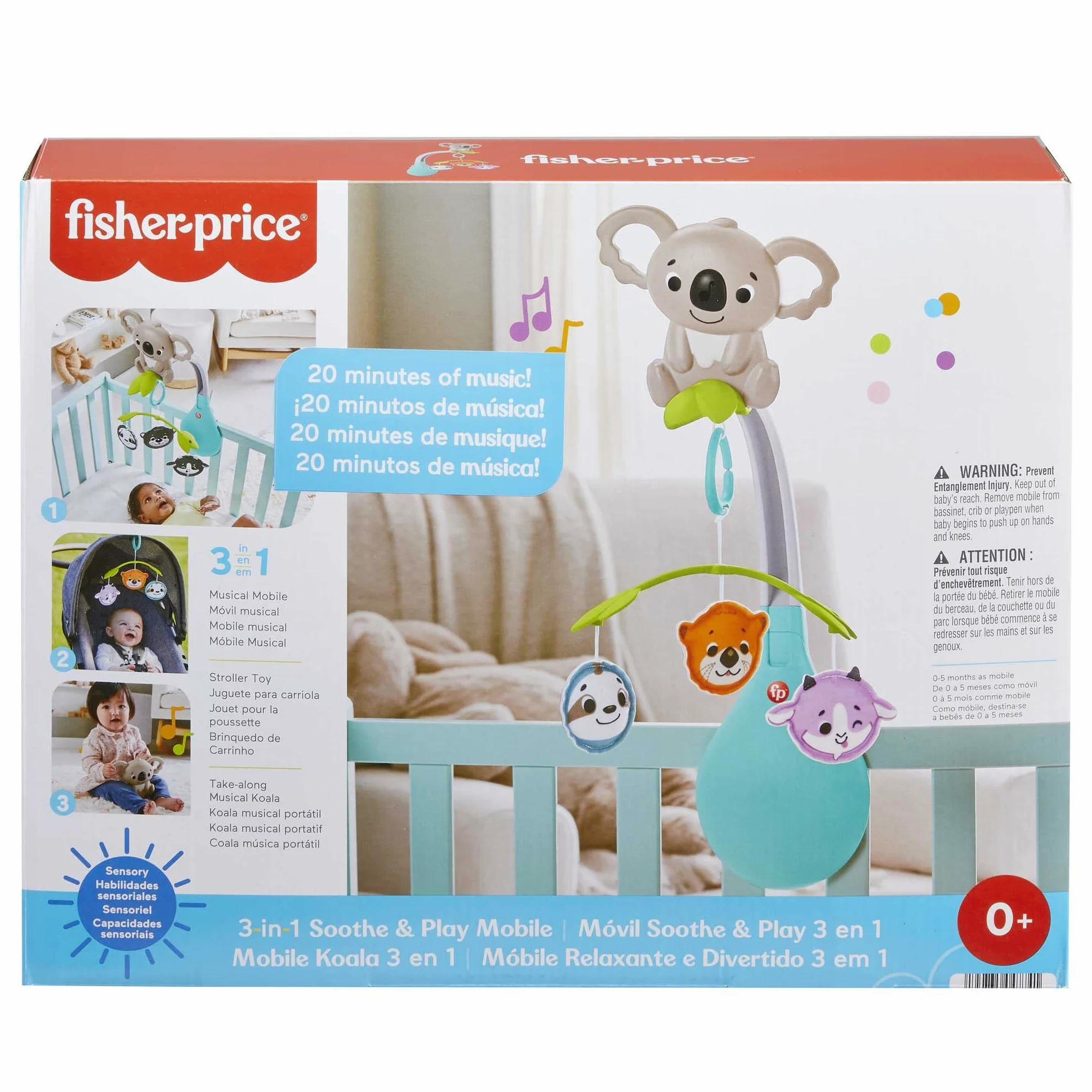 Fisher-Price - Giostrina Gioco e Relax 3-in-1, Include Un tenero Koala e 3 Giocattoli a Due Lati da Appendere, per culle, passeggini e da Portare a Passeggio, Giocattolo per Bambini, 0+ Anni, HGB90