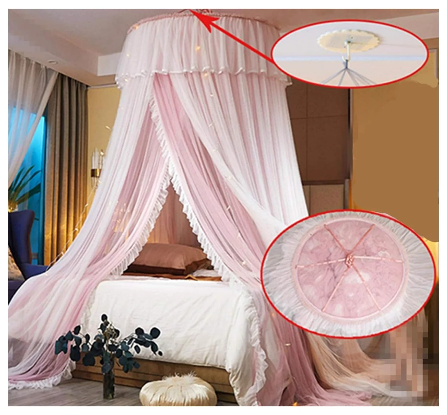 Tenda da Letto, Baldacchino da Letto, for Ragazze, Tenda a baldacchino - a Cupola in Rete Trasparente a Doppio Strato con zanzariera Princess in Pizzo Rotondo for Letti Gemelli Queen King