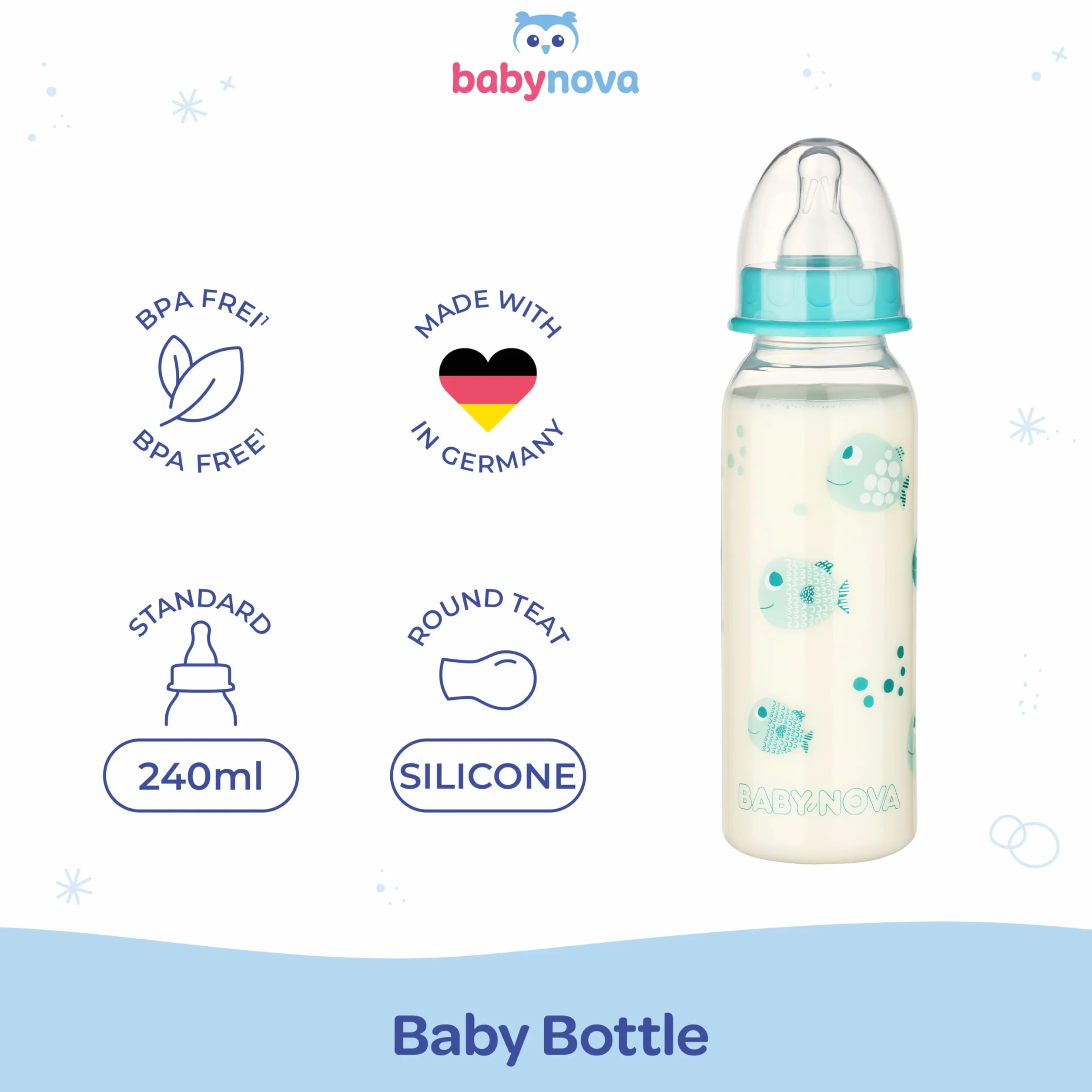 babynova Biberon 240ml con tettarella in silicone a flusso medio anti-colica per neonati - Prodotto in Germania - Senza BPA - Pesci