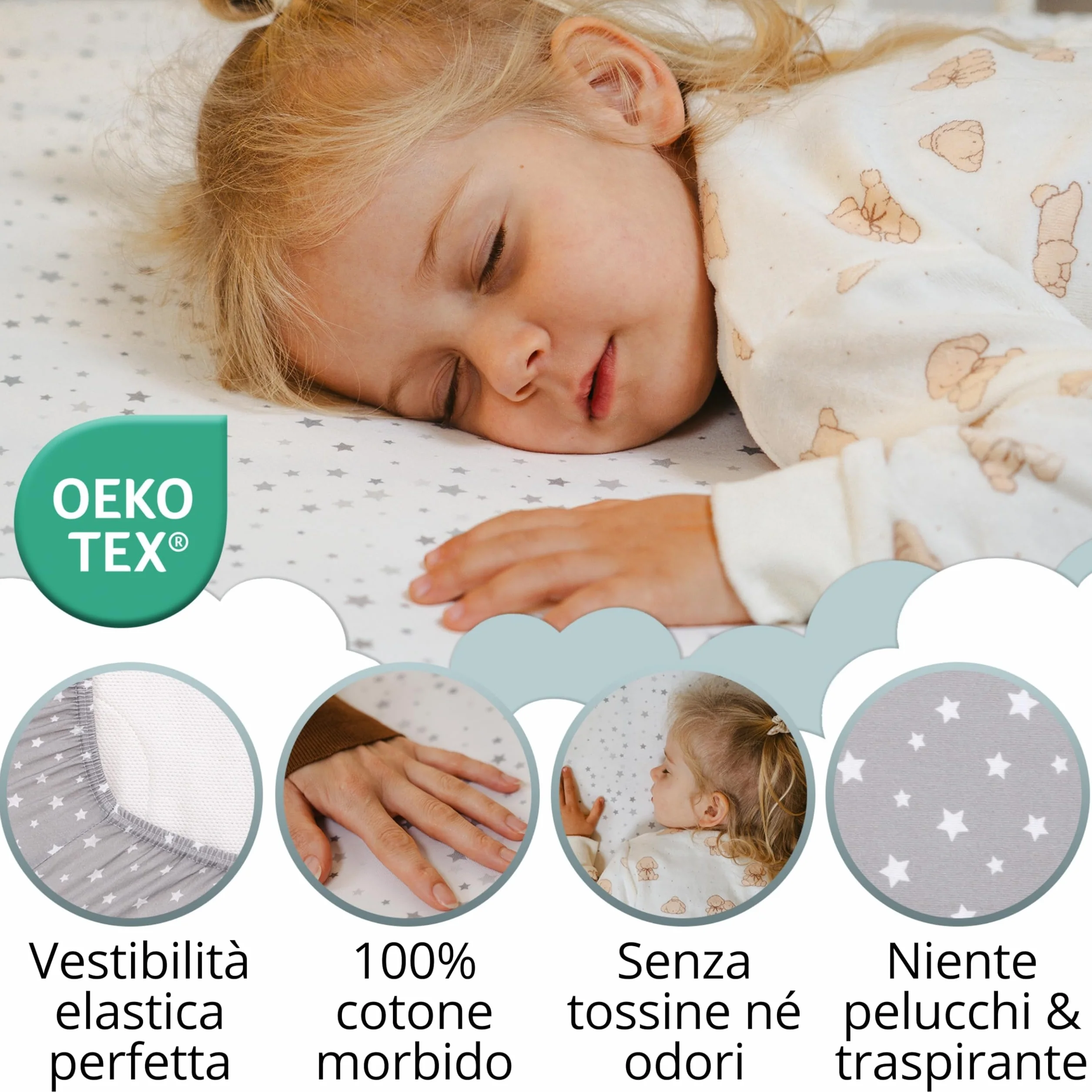 Set Lenzuola Lettino Neonato 60x120 / 60x125. 2 Lenzuola con Angoli in Cotone Jersey + 1 Coprimaterasso Impermeabile in Spugna. Certificato OekoTex. Fantasia Stelle 125x60 / 120x60