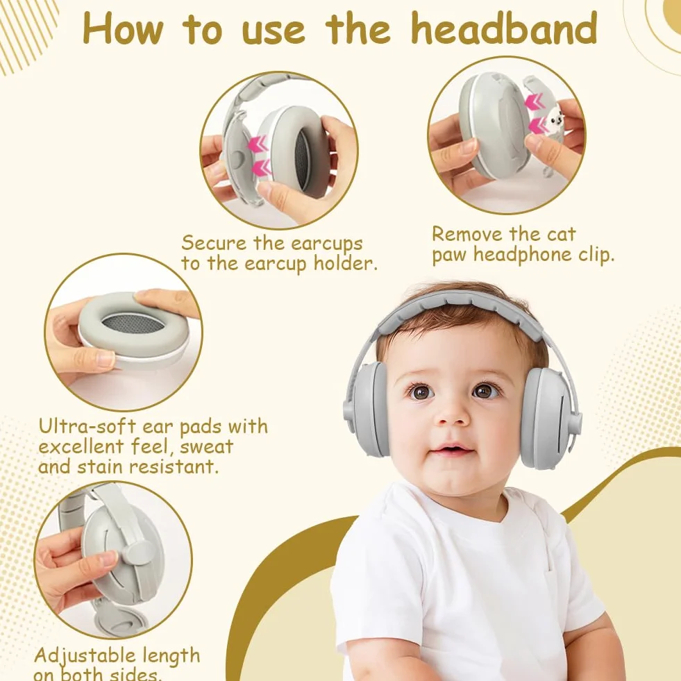 Cuffie antirumore 2 in 1 per bambini, antiscivolo, con cancellazione del rumore, ultra morbide e regolabili fino a 0-48 mesi, protezione dell'udito per dormire e viaggiare