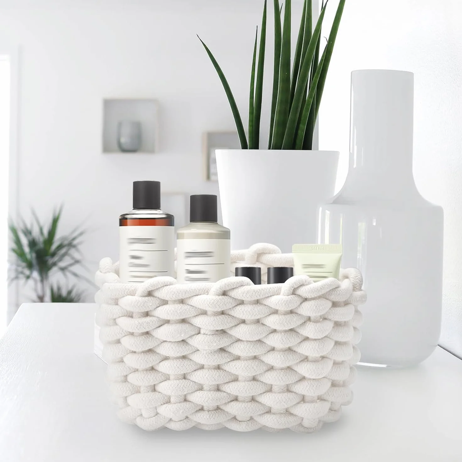 Confezione Doppia di Cestini per Pannolini, Piccoli Intrecciati in Morbido Cotone, Quadrati per Bagno e Trucco, Mini Bianchi