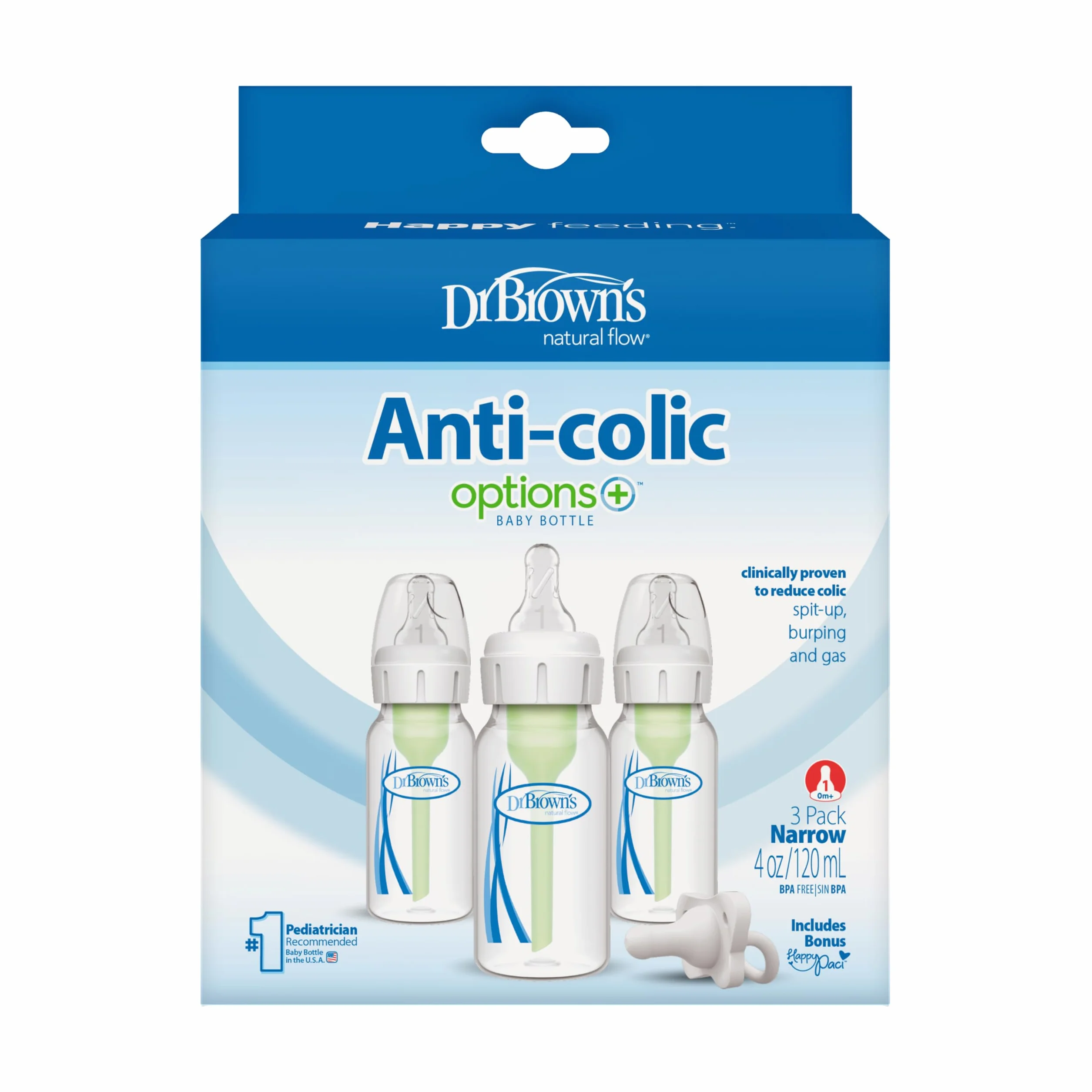 Dr. Brown's Options Plus Narrow Neck 120 ml confezione da 3 e succhietto