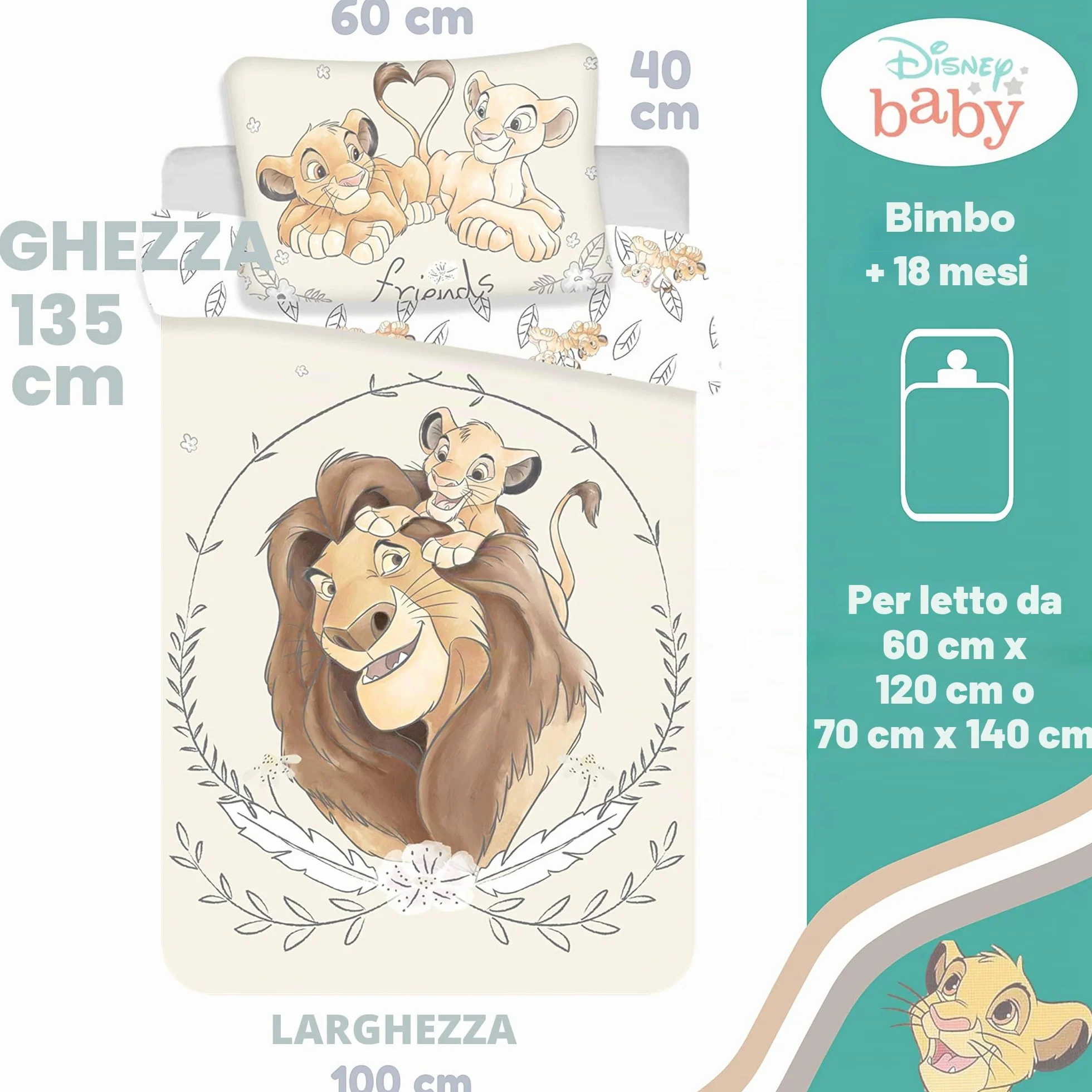 Disney, Il Re Leone, Simba e Mufasa, set di biancheria per lettino, copripiumino e federa, 100% cotone, 100 x 135 cm
