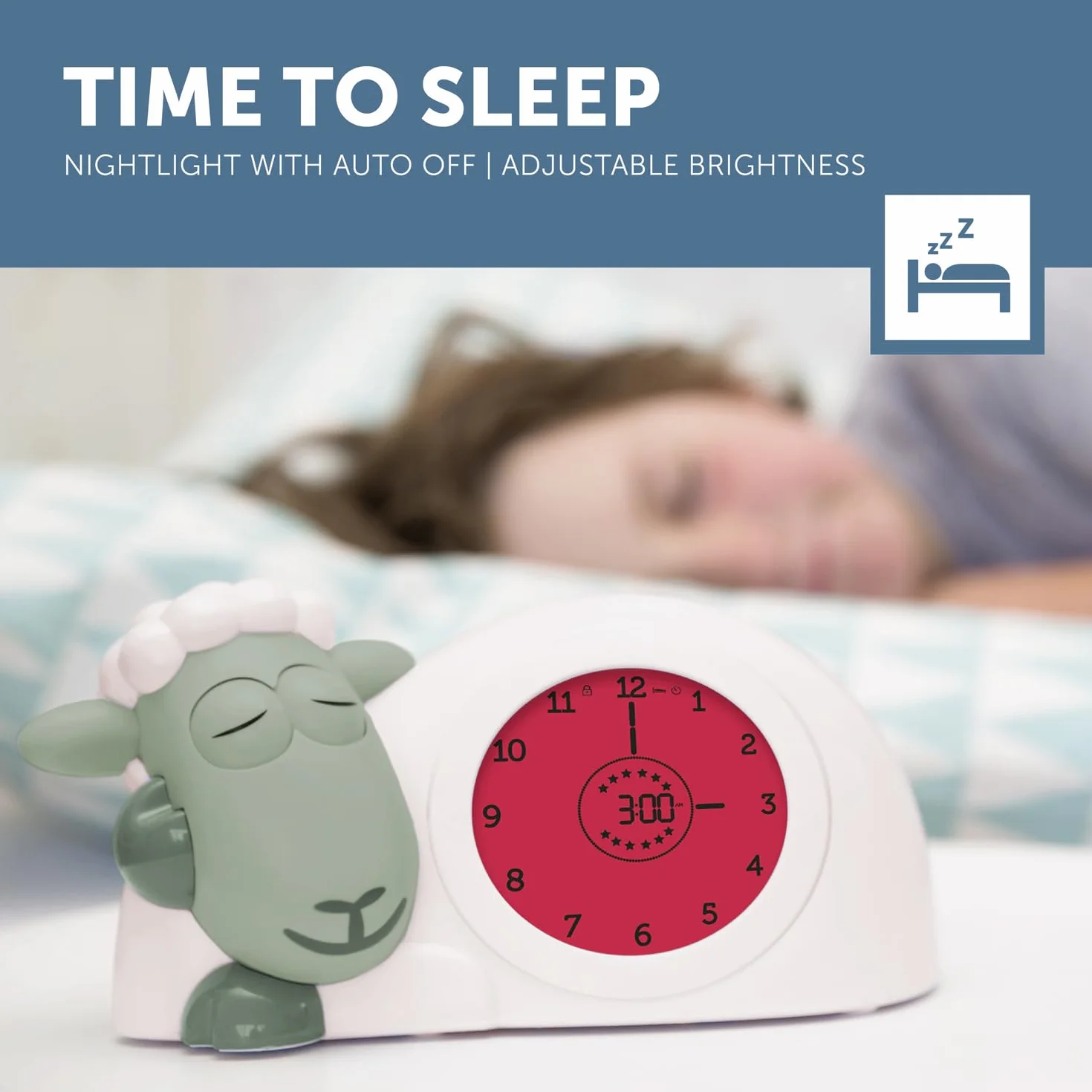ZAZU Orologio Sam The Lamb – Orologio da letto e luce notturna per bambini | Insegna al tuo bambino con indicatori visivi quando svegliarsi | Luminosità regolabile | Spegnimento automatico (Sage)