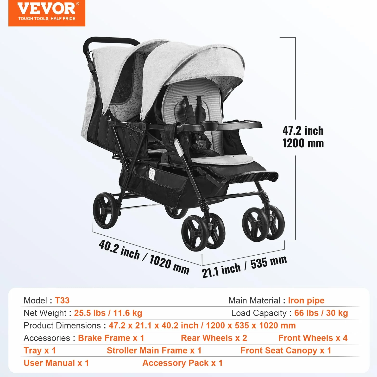 VEVOR Passeggino Doppio, Schienale/Poggiapiedi Regolabili, Passeggino Gemellare Pieghevole, Cintura di Sicurezza Avvolgente, Cestino Portaoggetti, per Neonati, Bambini Piccoli (Grigio Chiaro, Nero)