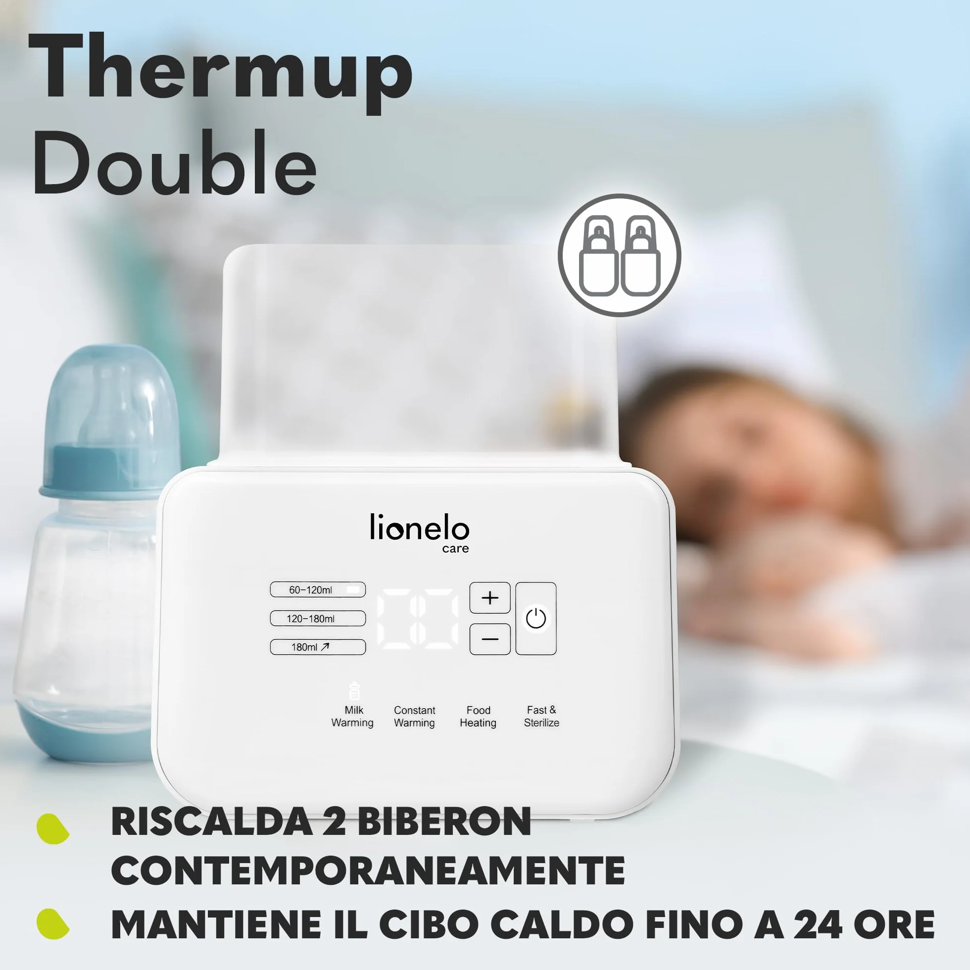 LIONELO Thermup Double scaldabiberon elettrico doppio, Sterilizzatore, scalda pappe e biberon, scongelamento latte, riscaldamento rapido 3-5 minuti, 6 funzioni