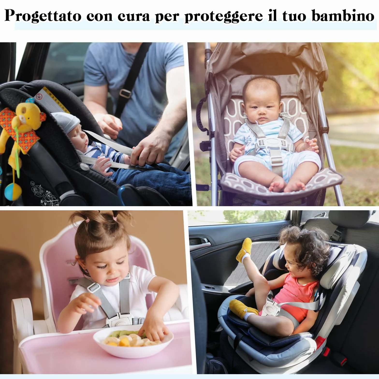 Scettar Cinture Passeggino Universali, Regolabile Copri Seggiolone Pappa, Imbottitura per Seggiolone di Sicurezza Anticaduta, Ganci Passeggino, Cintura di Sicurezza a Cinque Punti, Con 2 Ganci(Bianco)