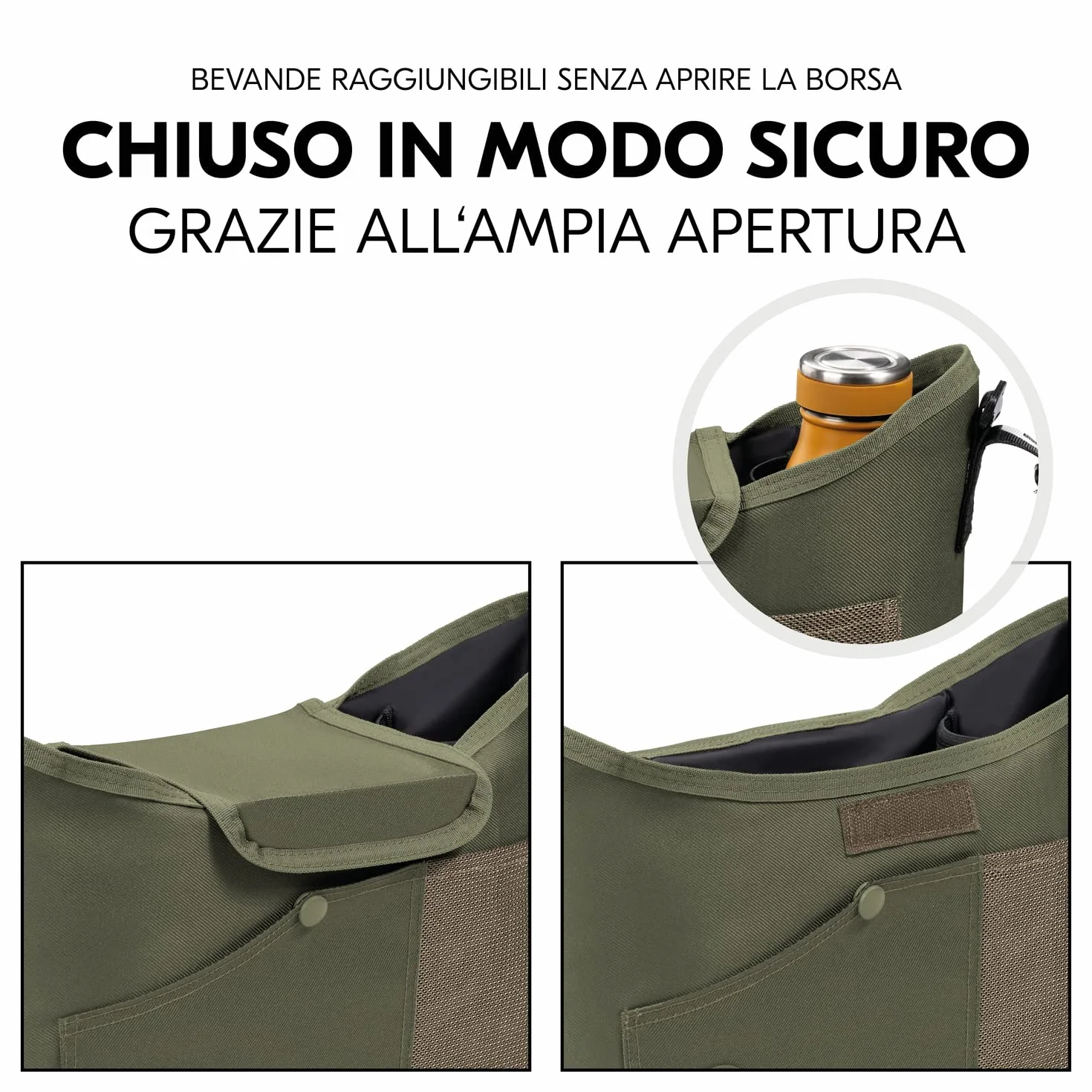 hauck Borsa Passeggino e Carrozzina, Verde Oliva - 35 x 10 x 22 cm - Borsone Portaoggetti con Portabibite di Facile Presa e Tasca in Rete - Chiusura a Strappo per Fissaggio al Manubrio