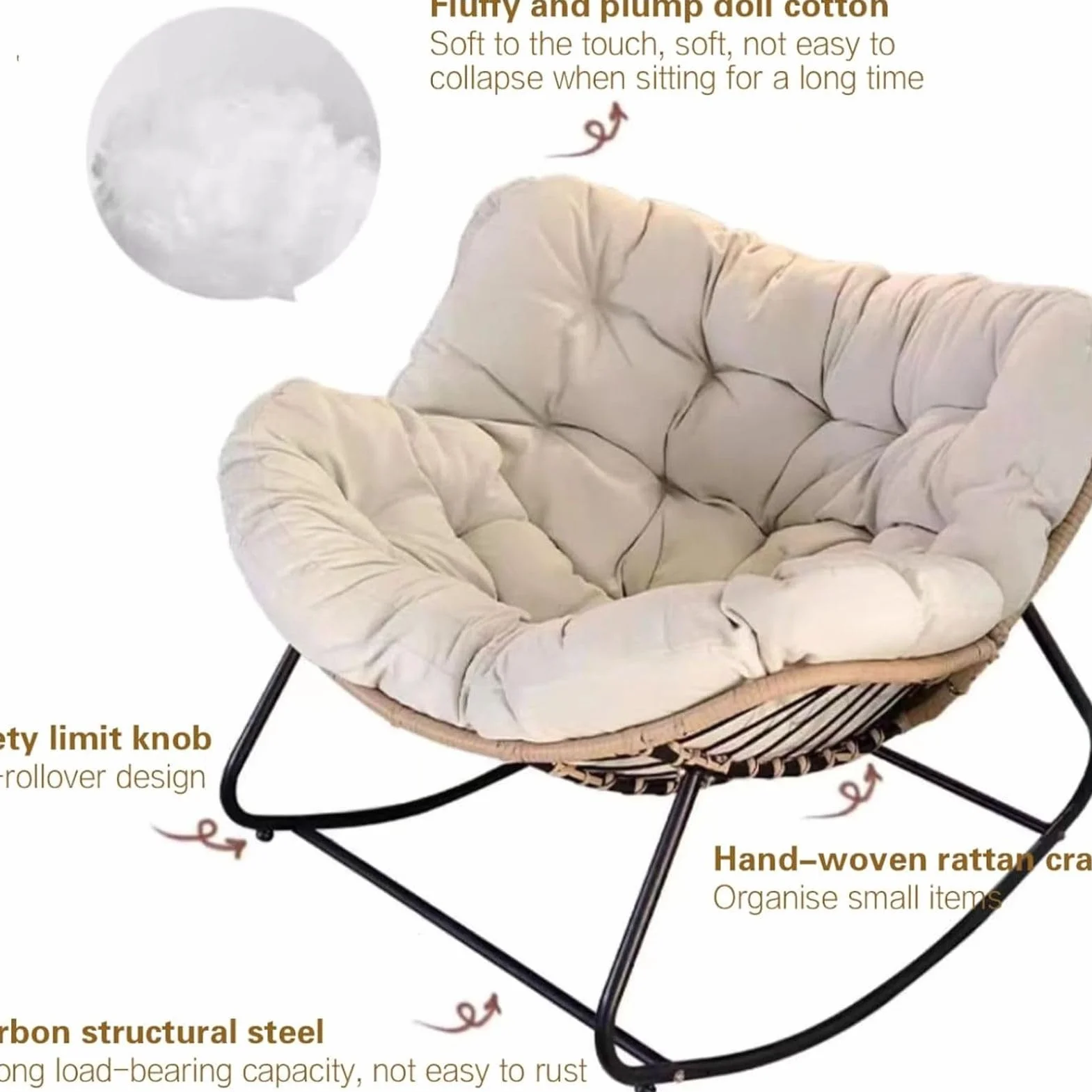 Sedia a dondolo da esterno Papasan con cuscino imbottito, oversize in rattan di vimini per interni, uovo in metallo, grandi supporti