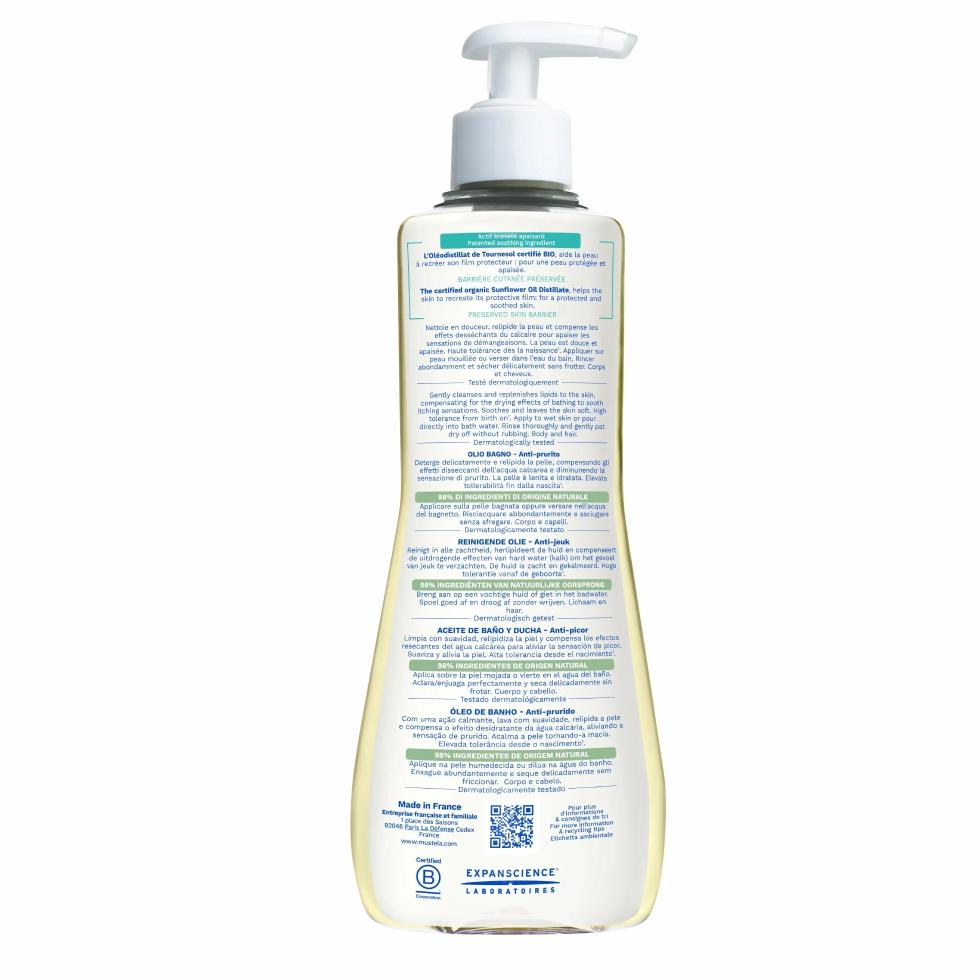 Mustela Stelatopia Olio Bagno per Pelle con Estrema Secchezza o Dermatite Atopica, Corpo e Capelli, Neonati, Bambini, Tutta la Famiglia - Detersione Quotidiana, Reintegra i Lipidi della Pelle (500ml)