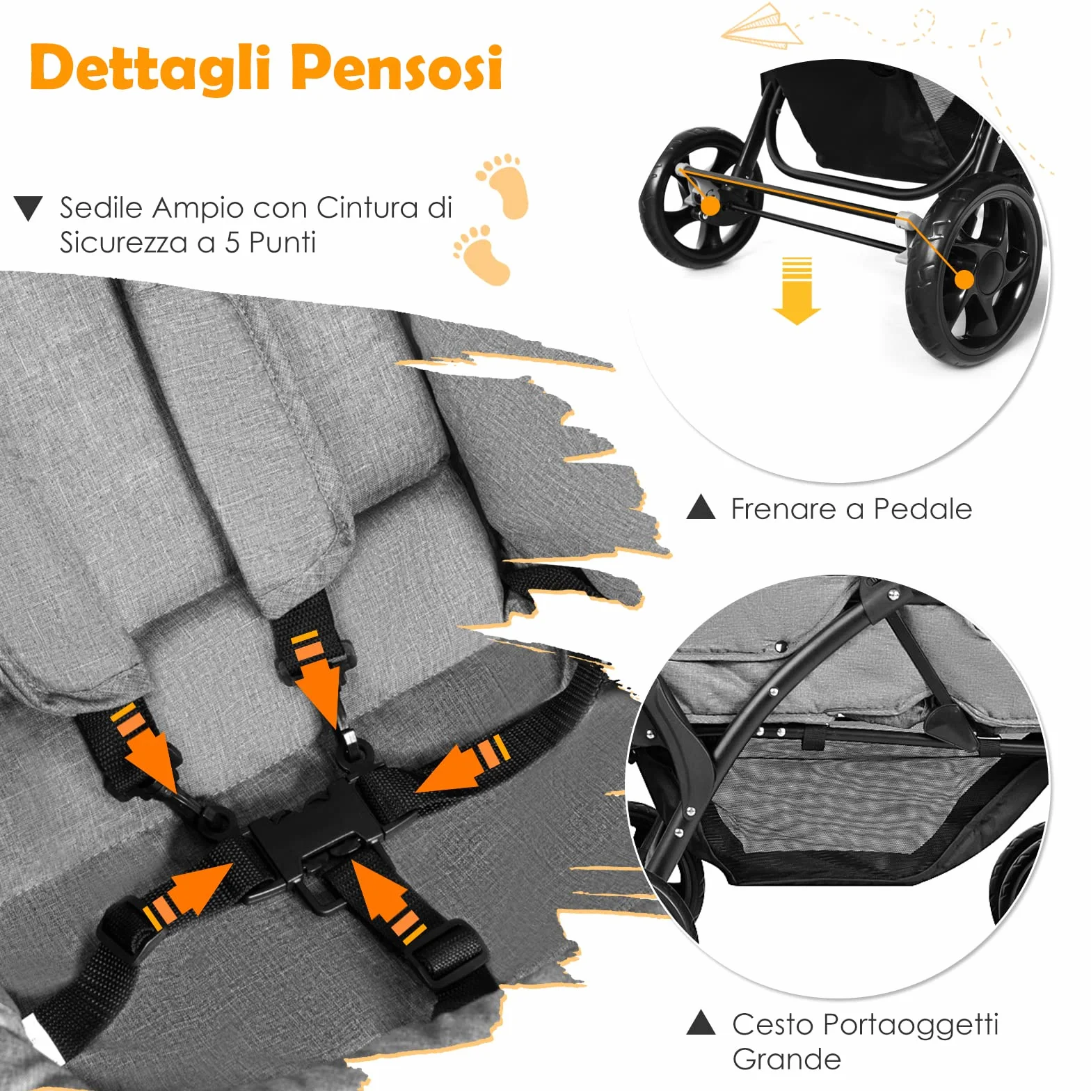 RELAX4LIFE Passeggino Pieghevole Gemellare con Ruote Universali, 2 Cintura di Sicurezza a 5 Punti, 2 Tettoie Regolabili, Maniglia Regolabile per Neonati 0-36 Mesi (GRIGIO)