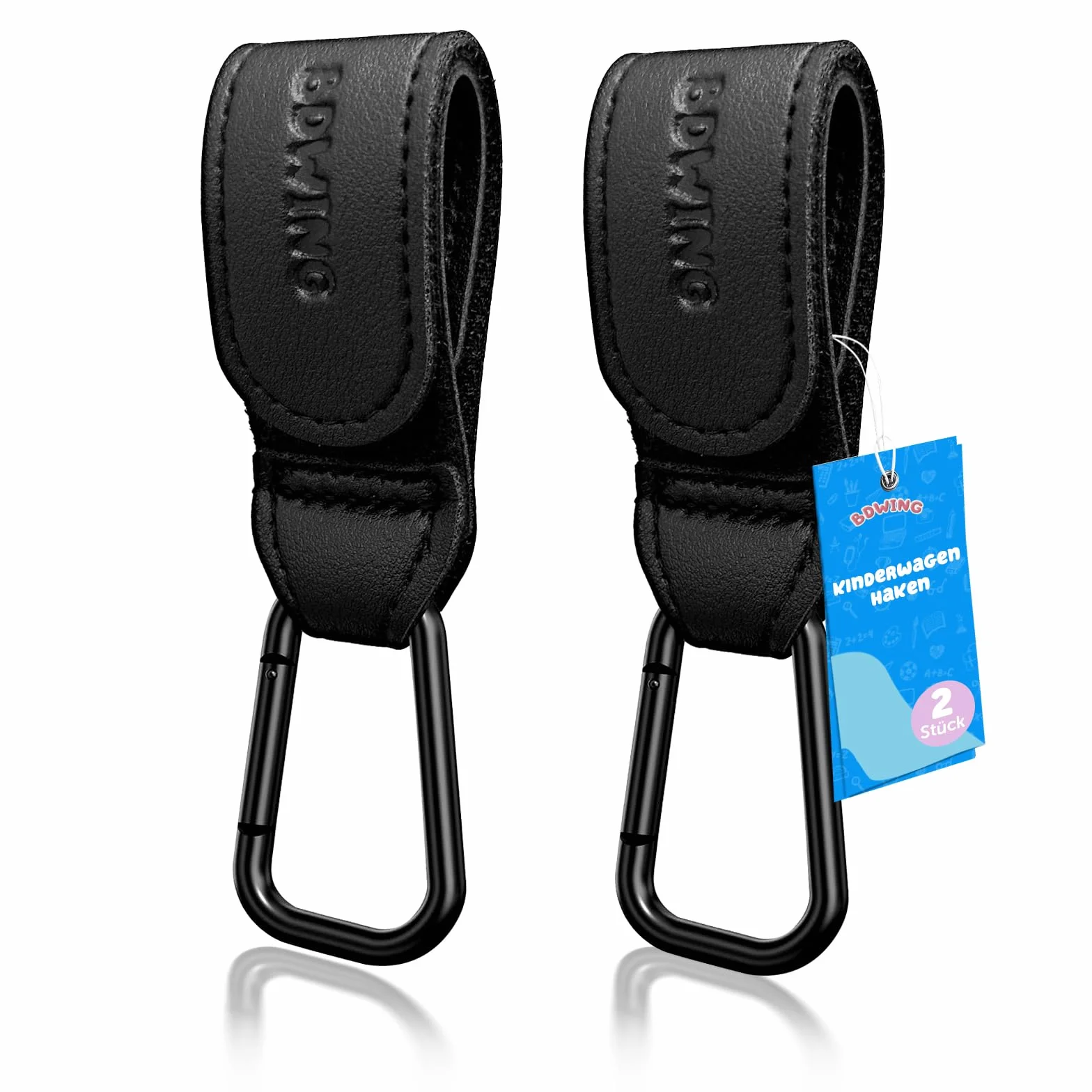 Ganci per Passeggino Porta Borse in Pelle, 2 Pezzi Universali Accessori Passeggino per Appendere Borse, Zaini e Borsa della Spesa, Antiscivolo, Cuciture Forti (Nero)