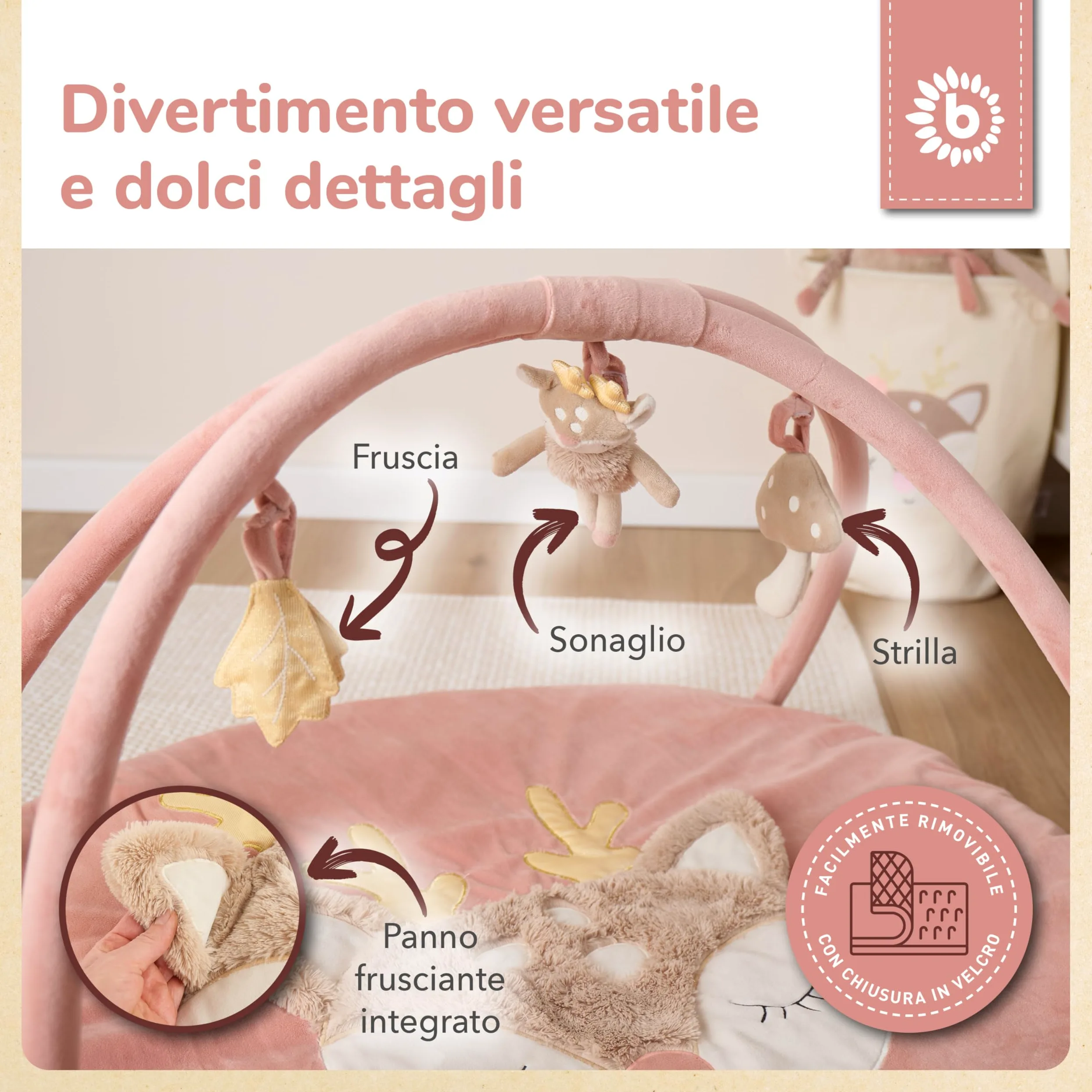 Bieco Tappeto Gioco con Arco Attività Cerbiatto Ella | Tappeto Sensoriale | Palestrina Neonato con Arco Giochi | Tappetino attività neonato