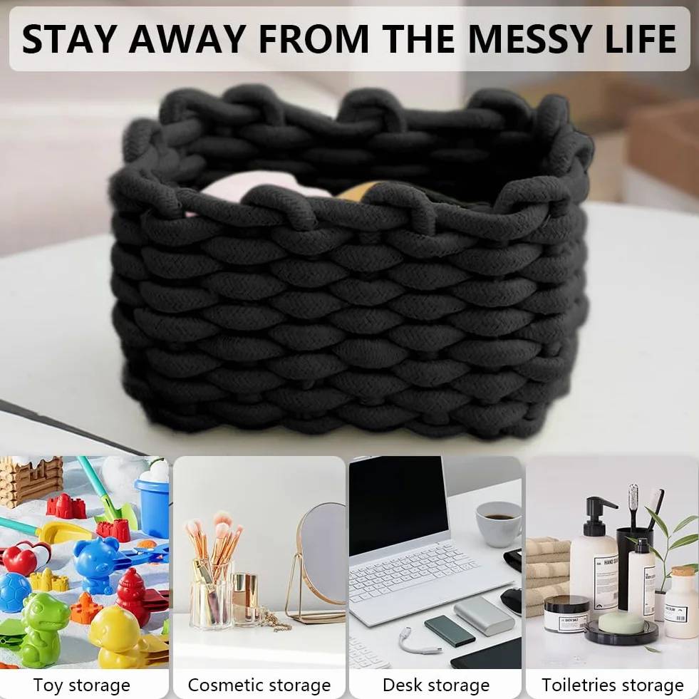 Aolso Cesto Portaoggetti in Corda di Cotone Intrecciato, 2pcs Contenitore Bagno Portaoggettii, Cestino Cameretta,Cestini Decorativi Quadrati per Portaoggetti per Trucchi,Giocattoli, Calzini, Nero