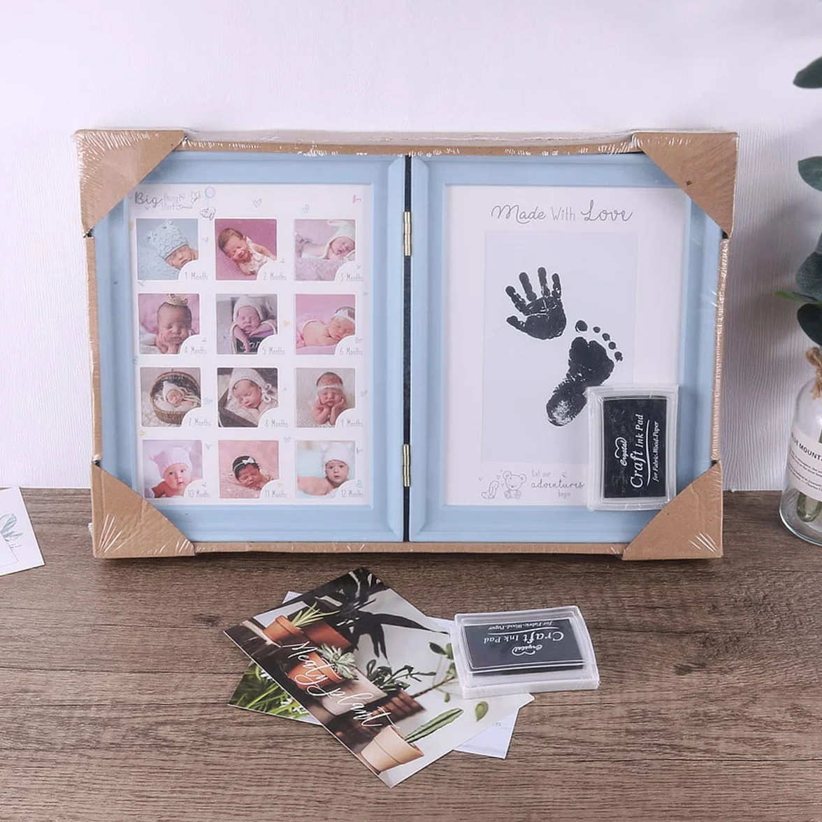 LEcylankEr Impronta Mani e Piedi Neonati, Portafoto 12 Mesi Regalo Battesimo Bimbo,Cornice per Foto Pieghevole a Due Vie con Tampone di Inchiostro Ricaricabile Nero (blu)
