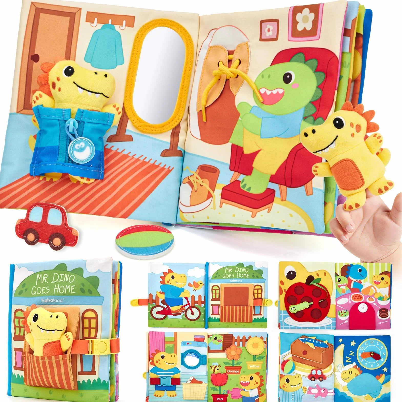 hahaland Libro Montessori 1-3 anni, Giochi Bambini 1 anno Libri Morbidi con Dinosauro di Peluche, Busy Book Educativo Regalo Montessori per Bambino 1 2 3 anni