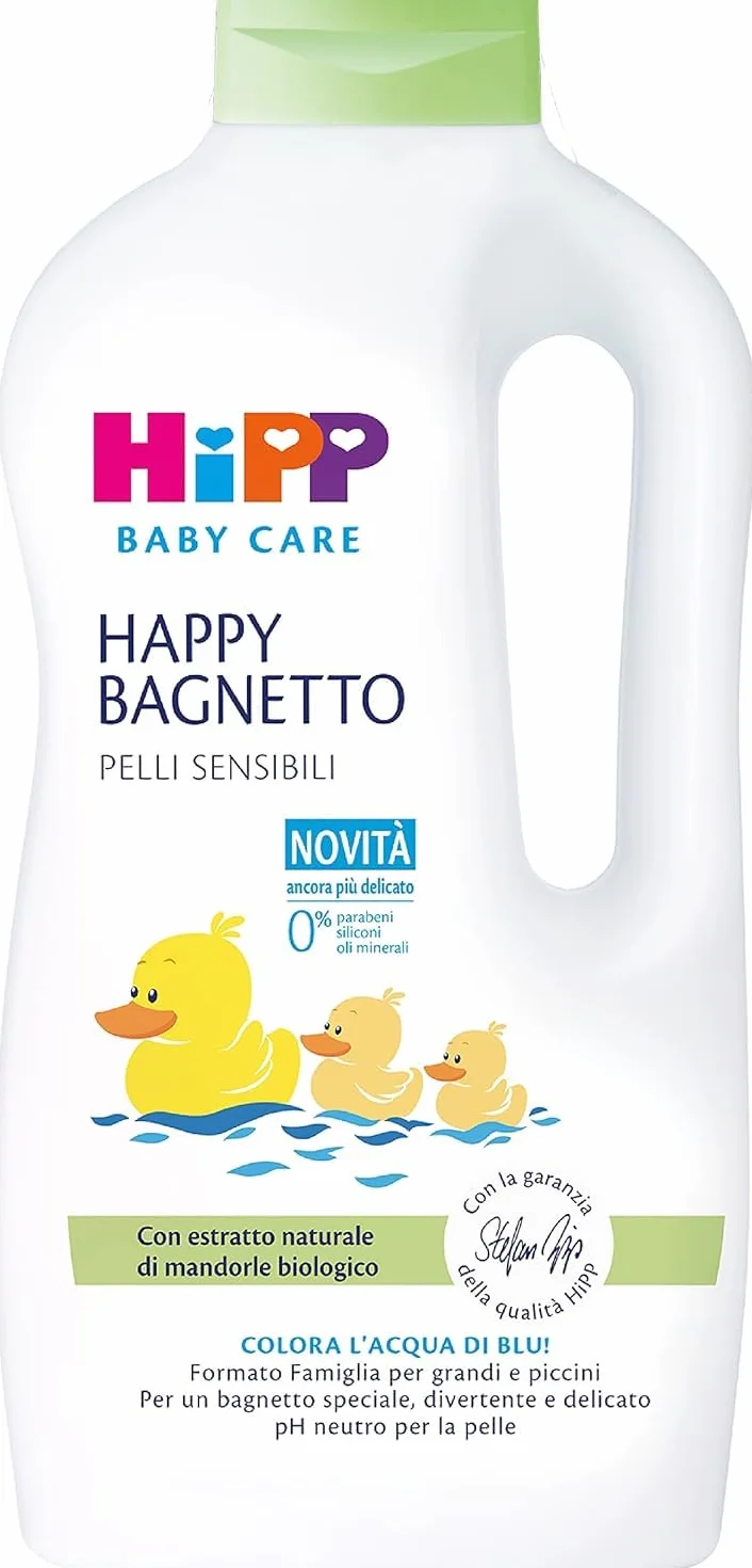 HiPP Baby Care - Happy Bagnetto HiPP, Bagnoschiuma Bambini, Formato Famiglia, per Pelli Sensibili, pH Neutro, con Estratto Naturale di Mandorle Bio, 1 Flacone da 1000 ml, Bagnetto Neonato