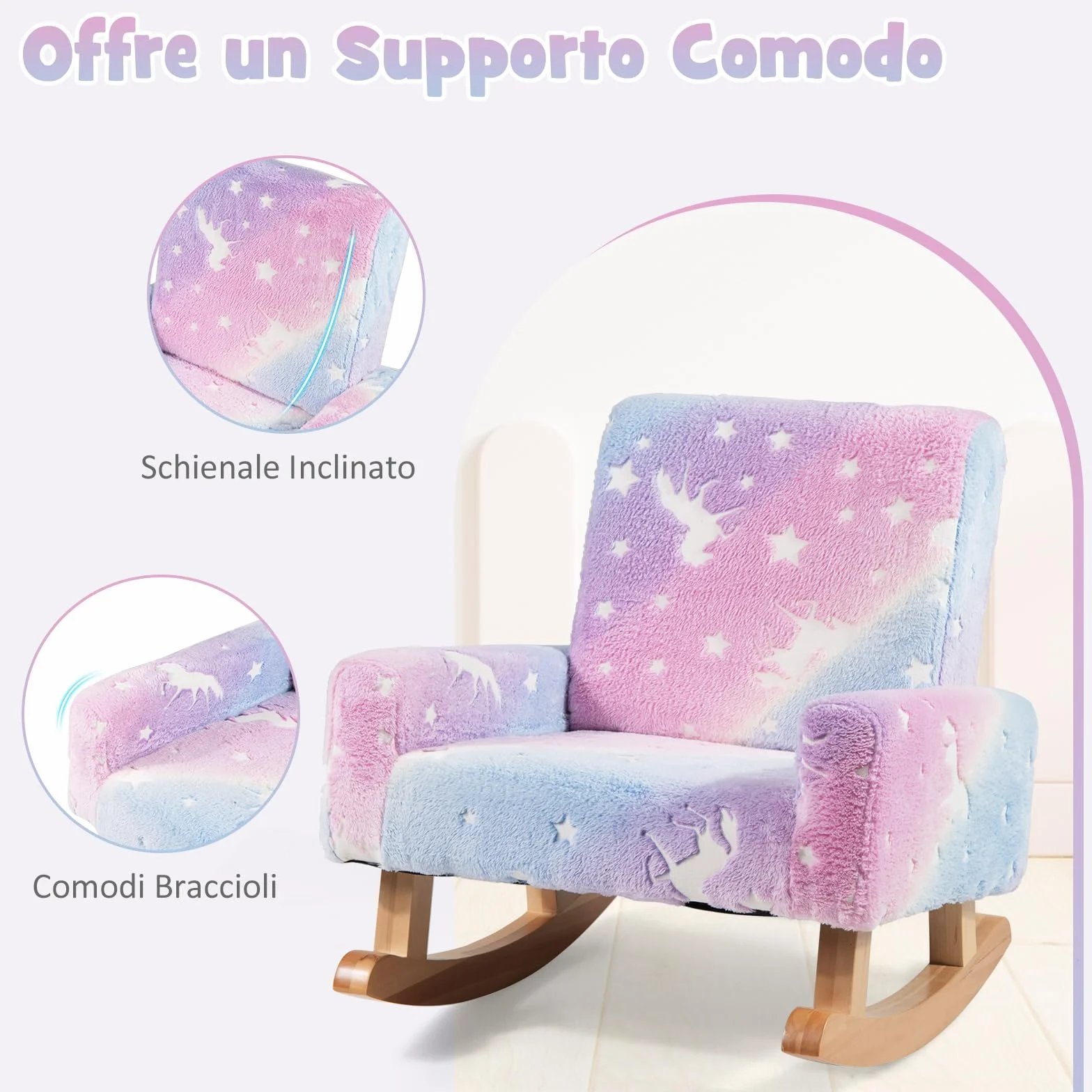 COSTWAY Sedia Dondolo per Bambini da 3 a 5 Anni, Poltrona in Flanella con Piedi a Dondolo in Legno, Motivi che si Illuminano al Buio,56 x 49 x 50 cm, Blu e Viola